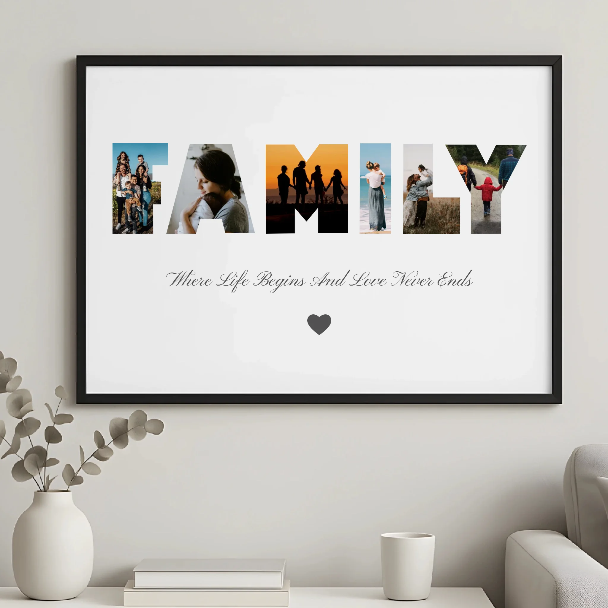Personalised six photo print gift shown framed on a wall