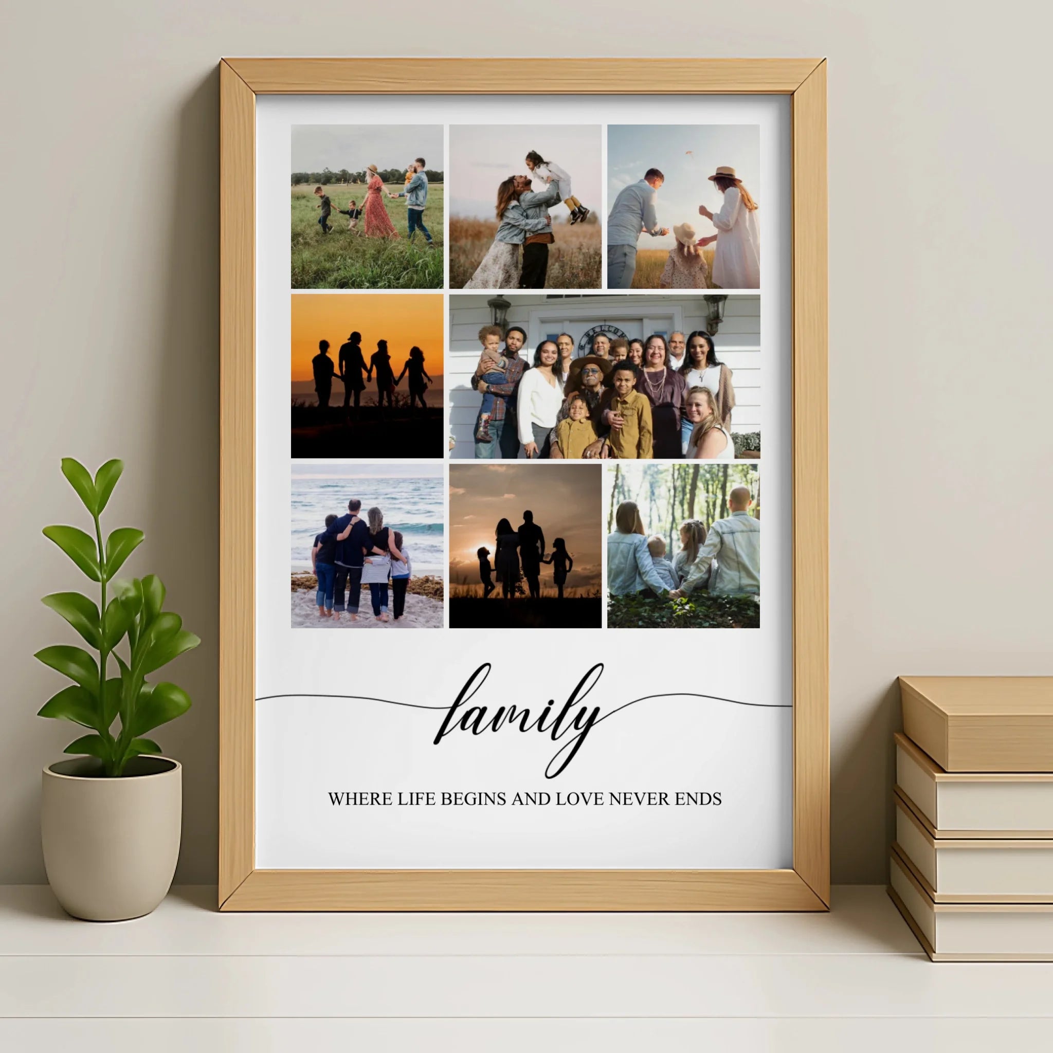 Custom family photo collage in an oak finish frame with printed quote