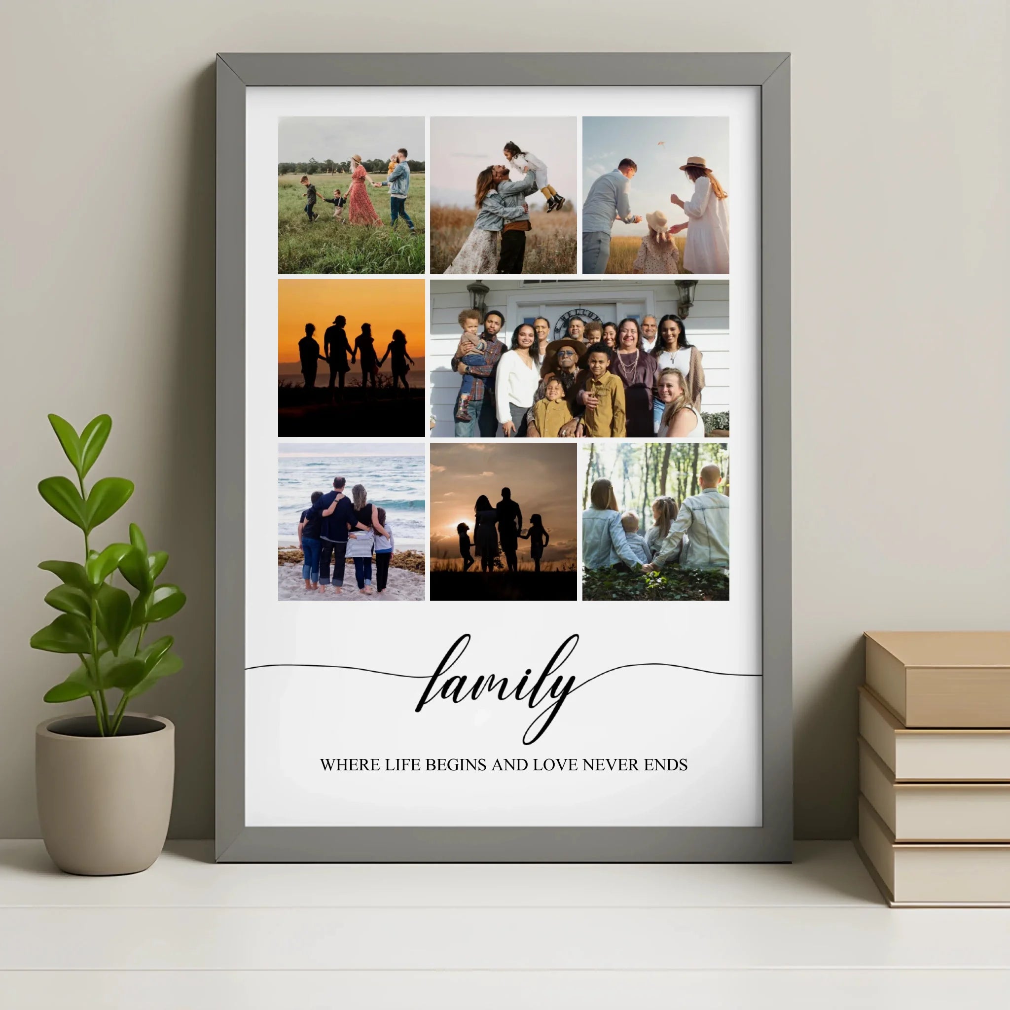 Custom 8-photo collage frame in grey with personalised quote, gift for grandparents