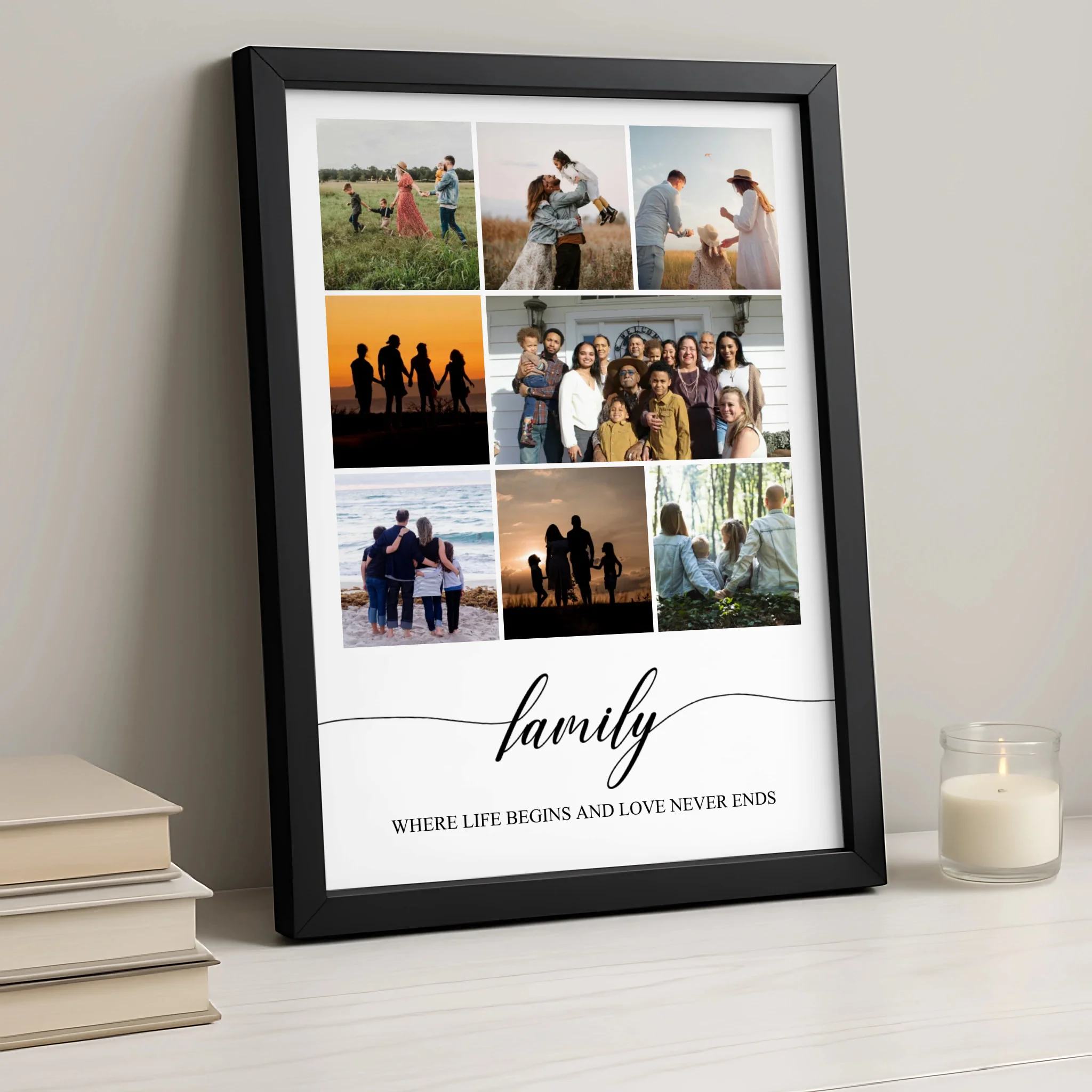 Personalised photo frame gift with quote, shown in A3 size on a wall
