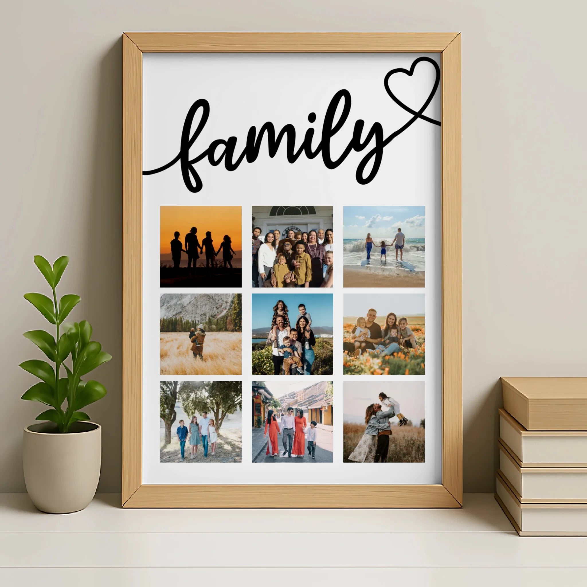 Personalised 9 photo collage print in an oak frame