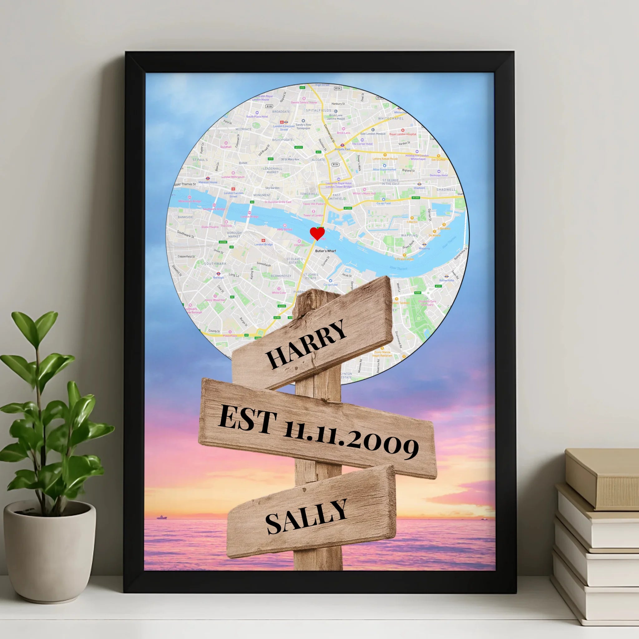 Personalised Map Print – Custom Location Wall Art with Names & Date on Wooden Signpost – A4/A3 Framed Anniversary or Wedding Gift