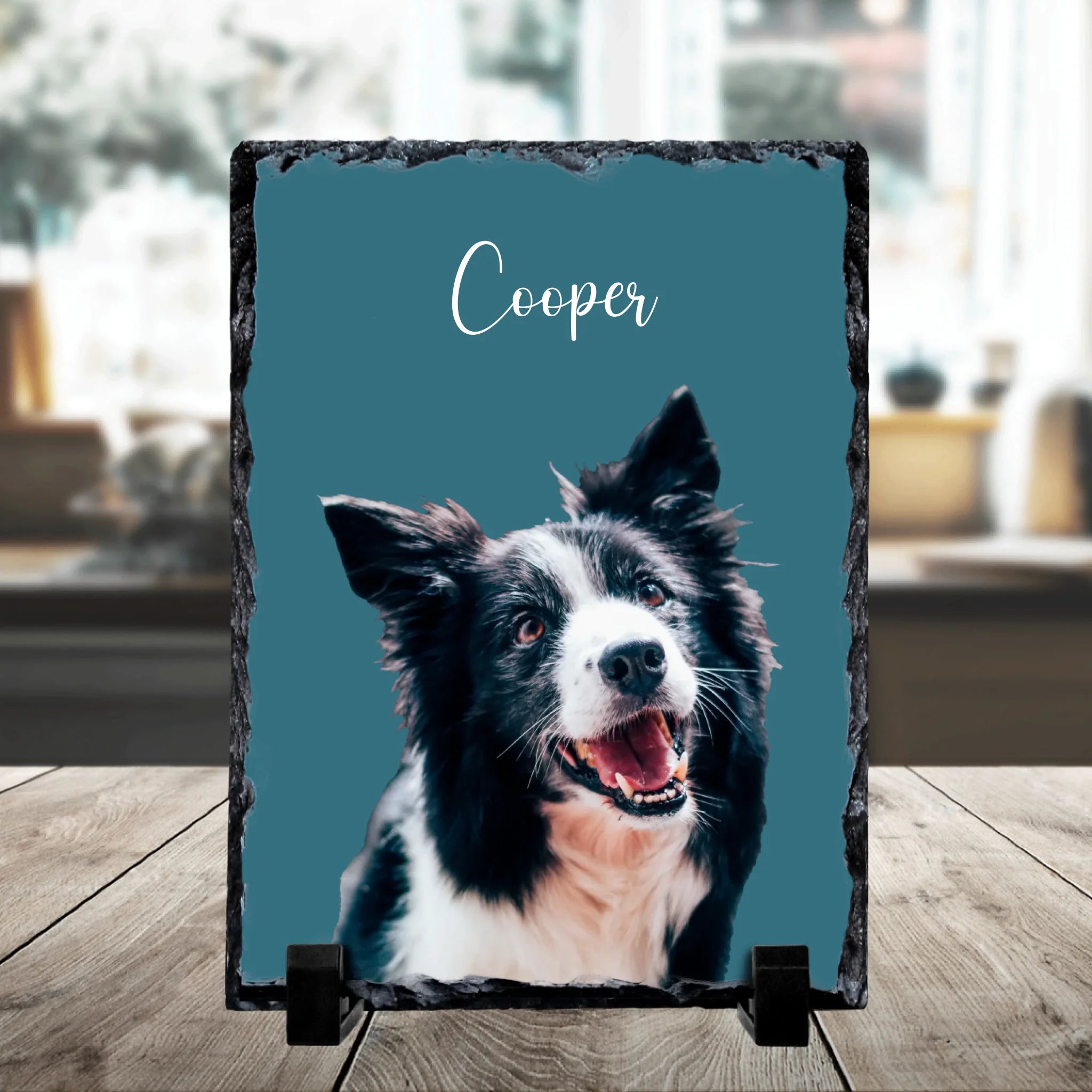 Personalised pet portrait photo slate with custom name and background