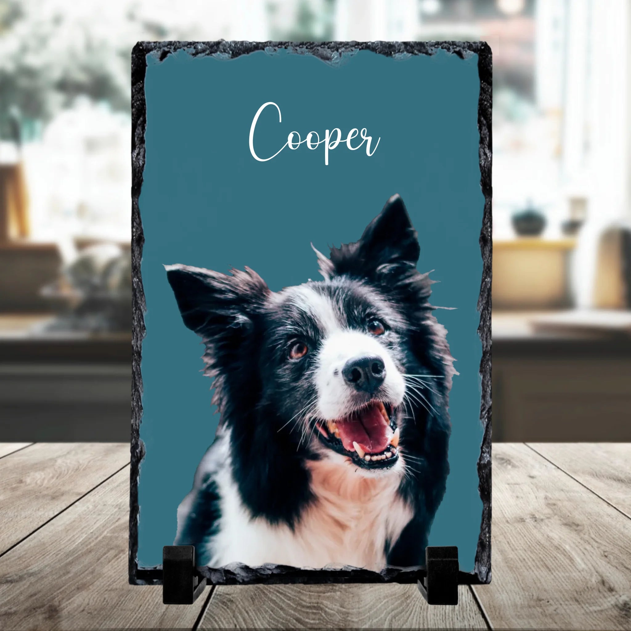 Custom photo slate gift showing a pet portrait with personalised name