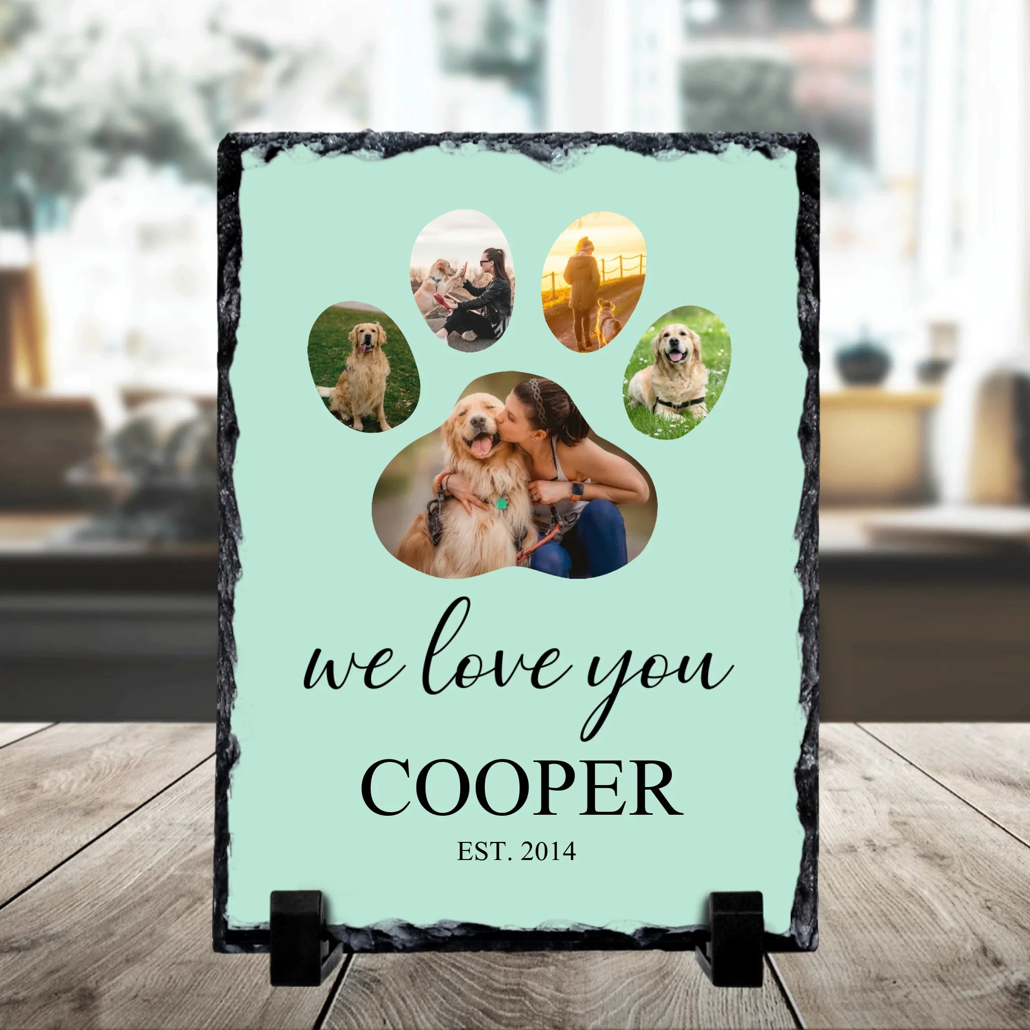Custom photo slate gift featuring a pet portrait and personalised message