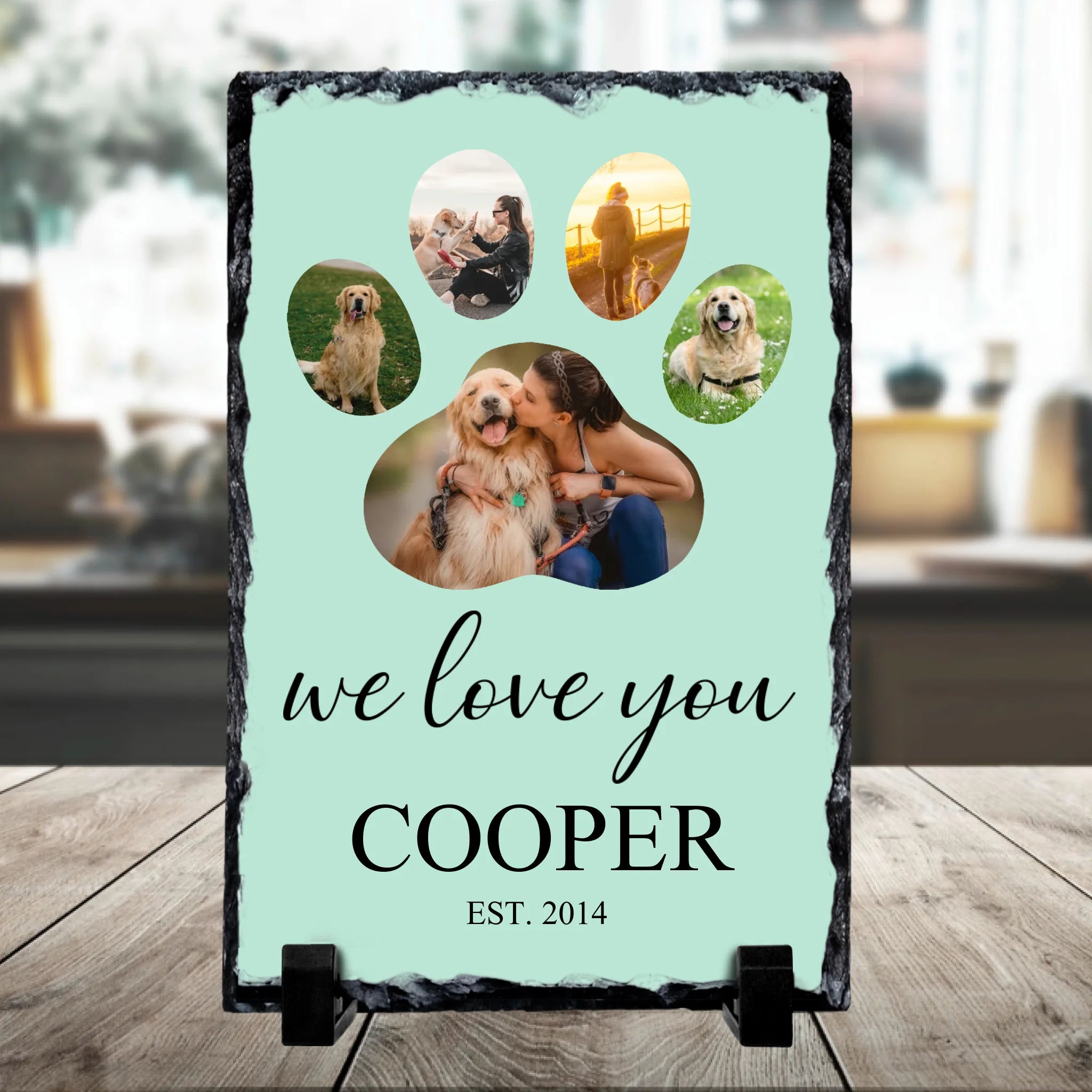 Close-up of a personalised photo slate showing printed pet photo and text detail