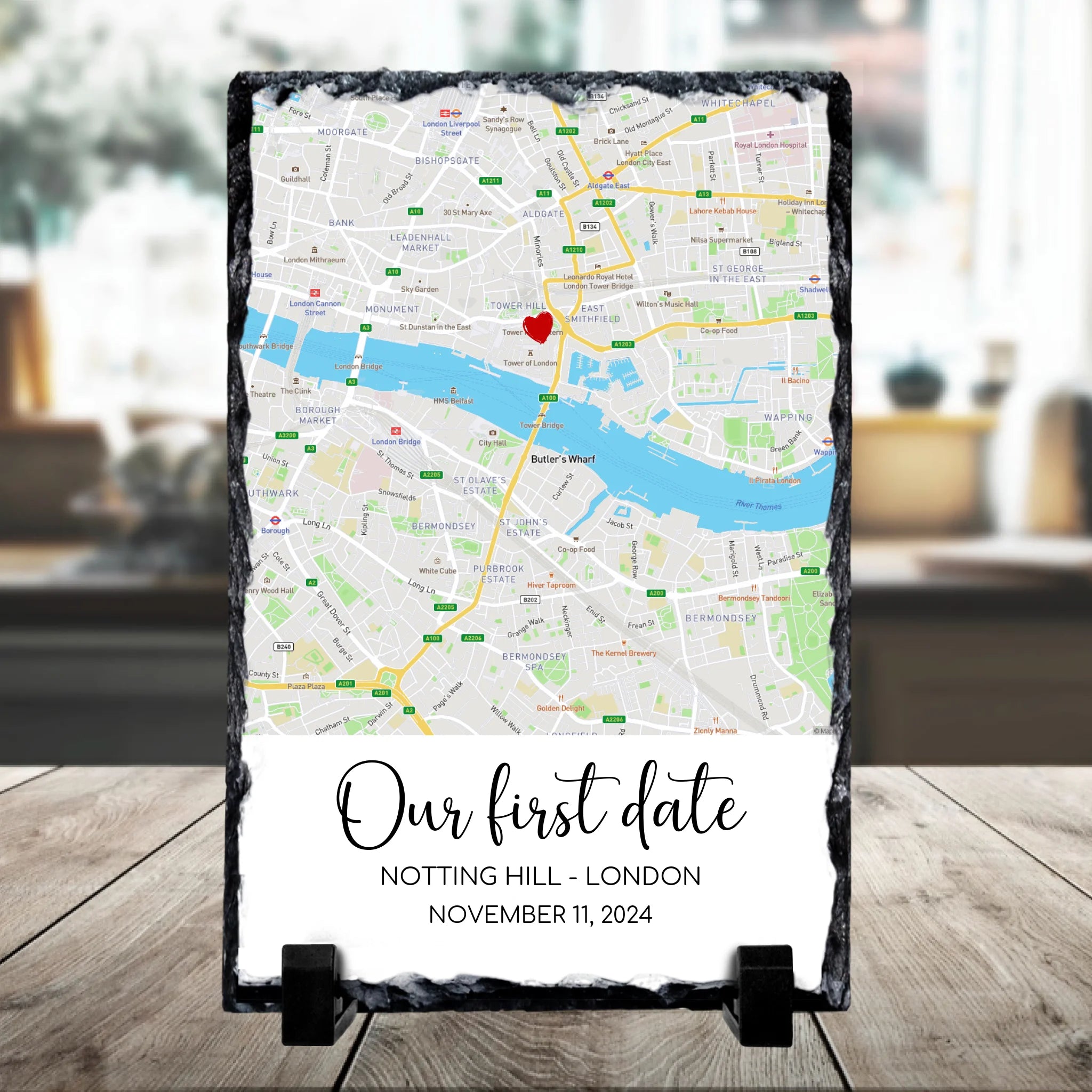 Rectangular personalised photo slate with custom map, coordinates and names, shown as a couple gift