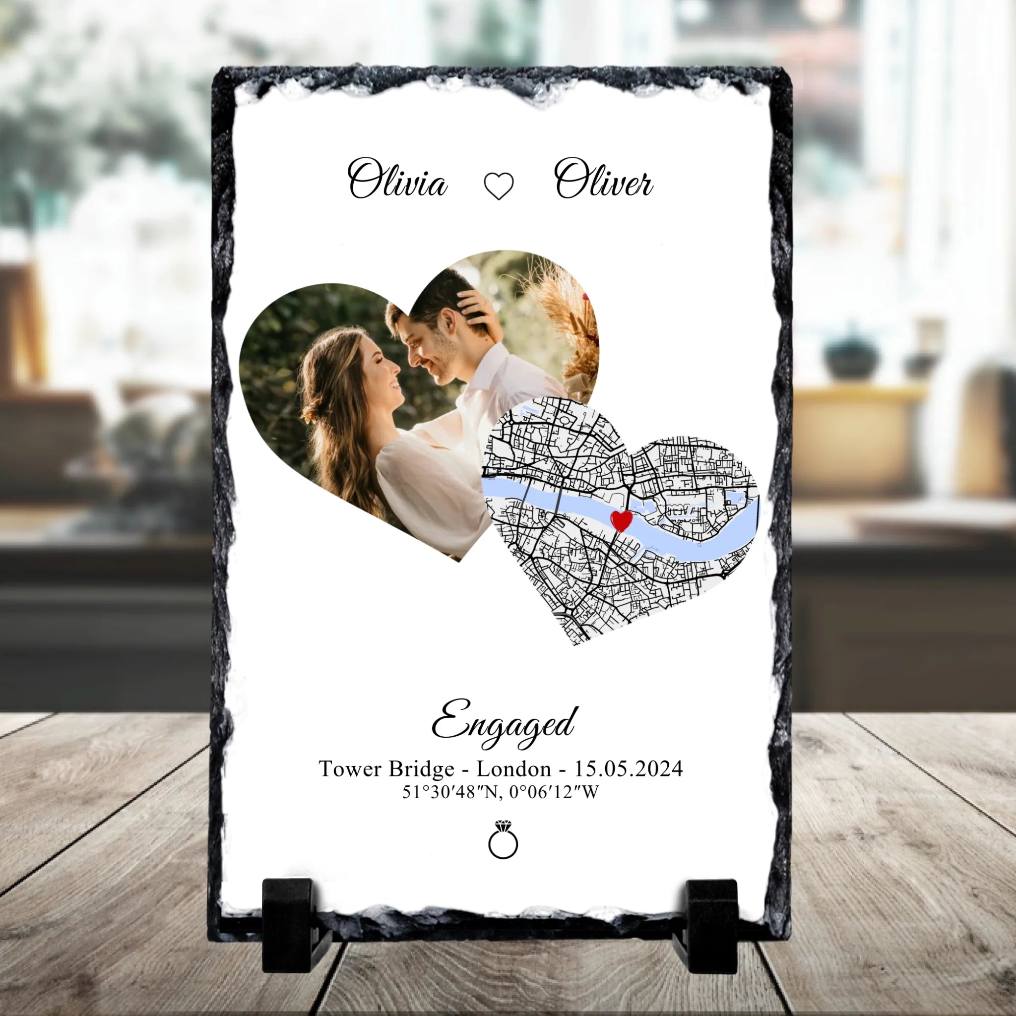 Rectangular personalised photo slate gift with map heart, custom text and coordinates displayed on a surface