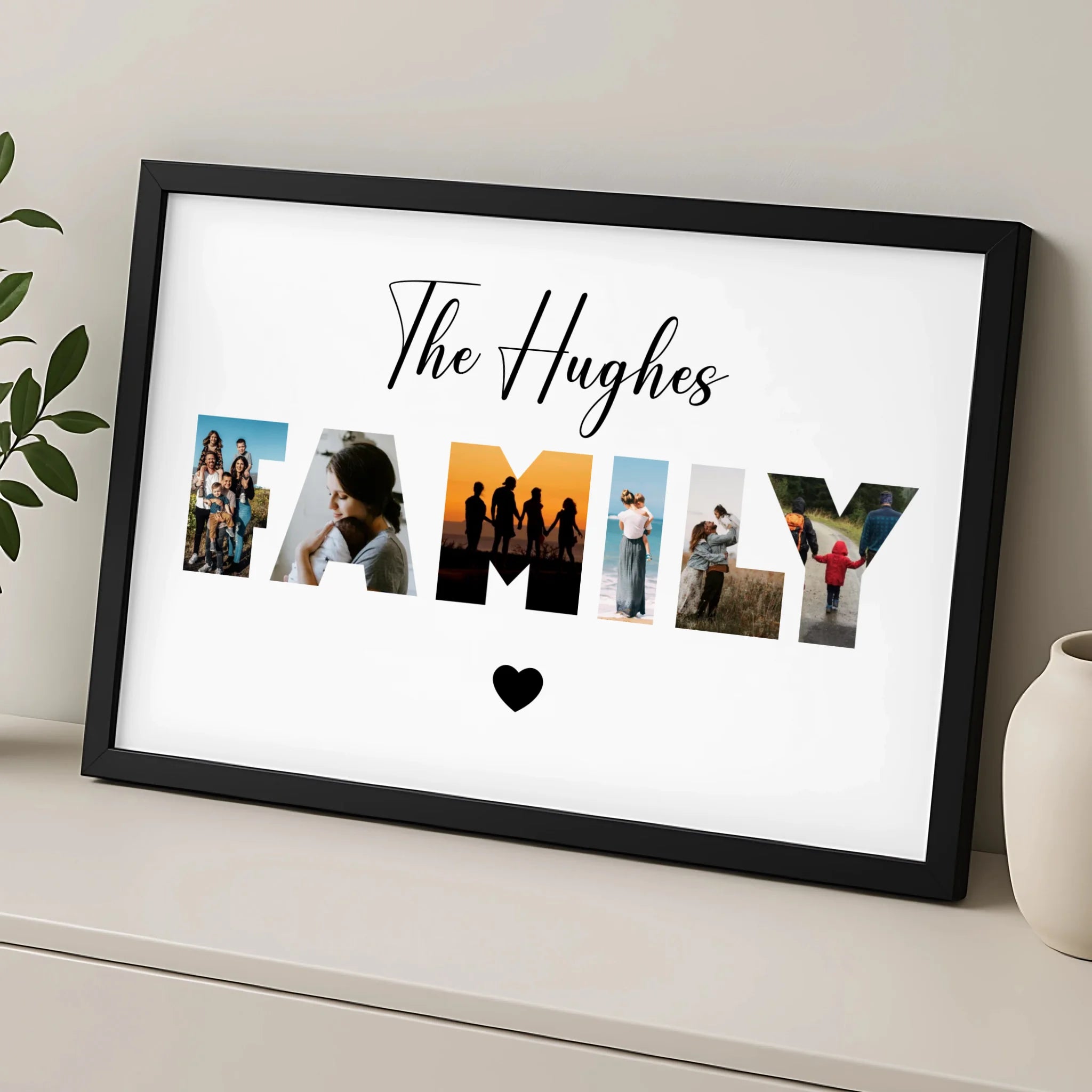 Custom family photo frame print with six photos displayed on a wall