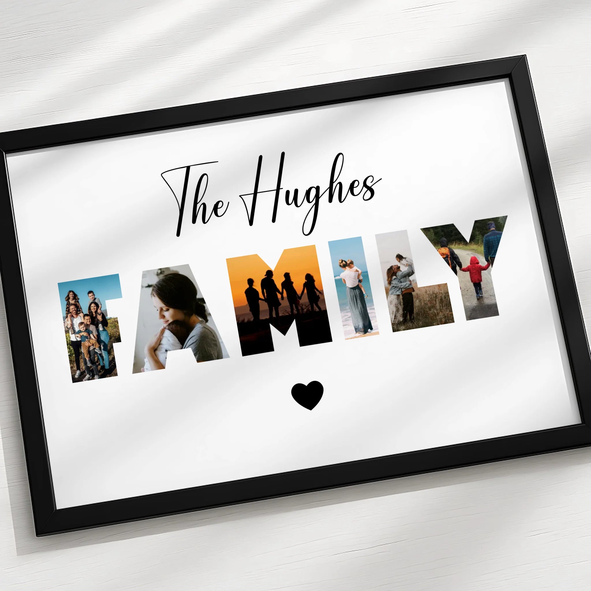 Custom photo collage print with family photos in a light wood frame