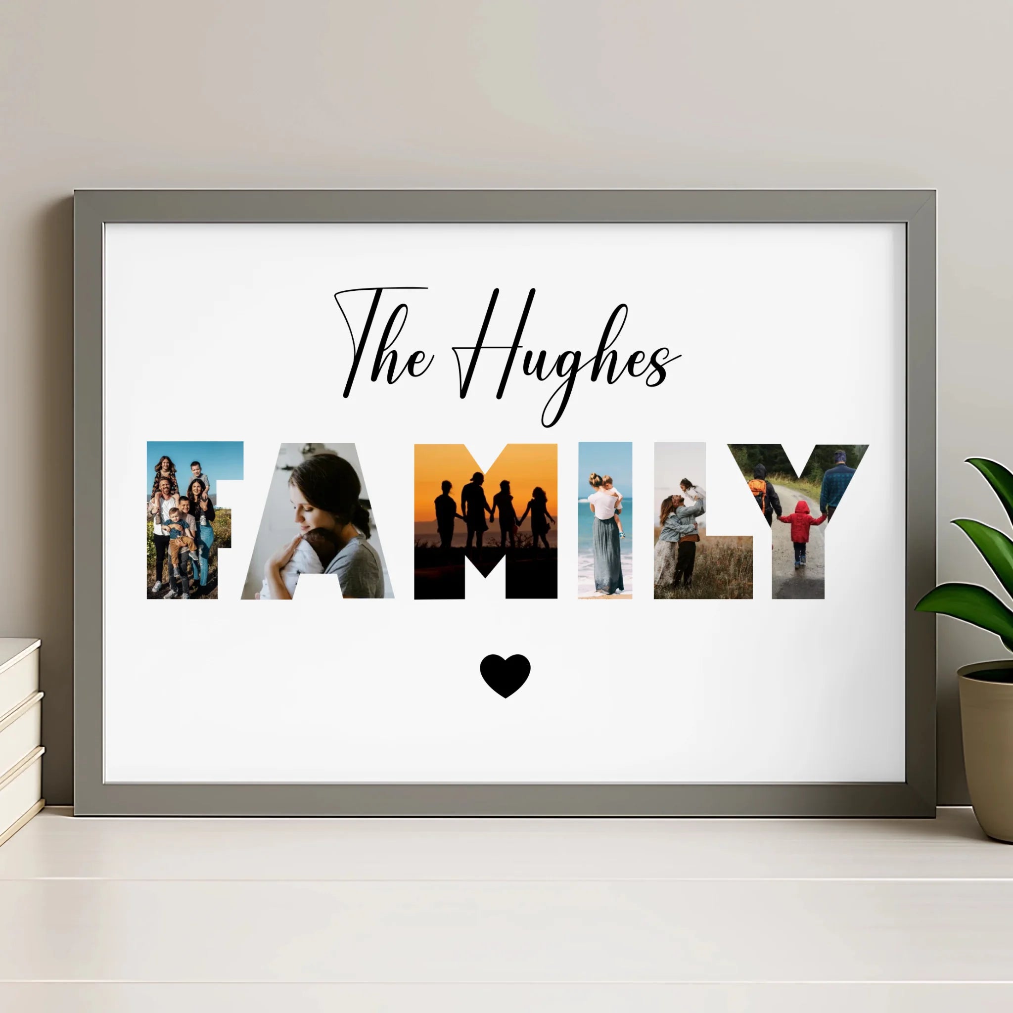 Personalised family photo collage print in a grey frame