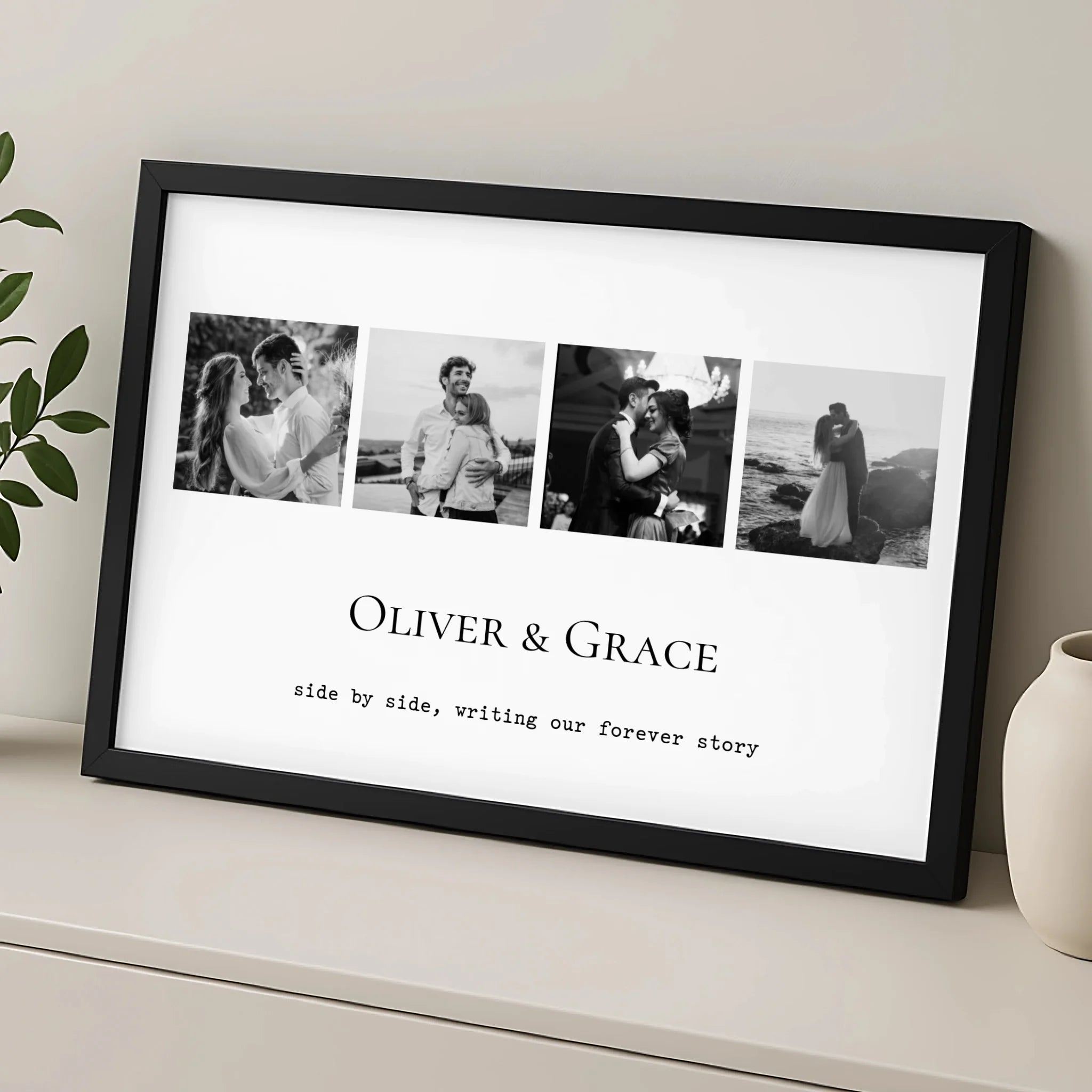 Personalised 4 photo collage print displayed on a wall as a home decoration