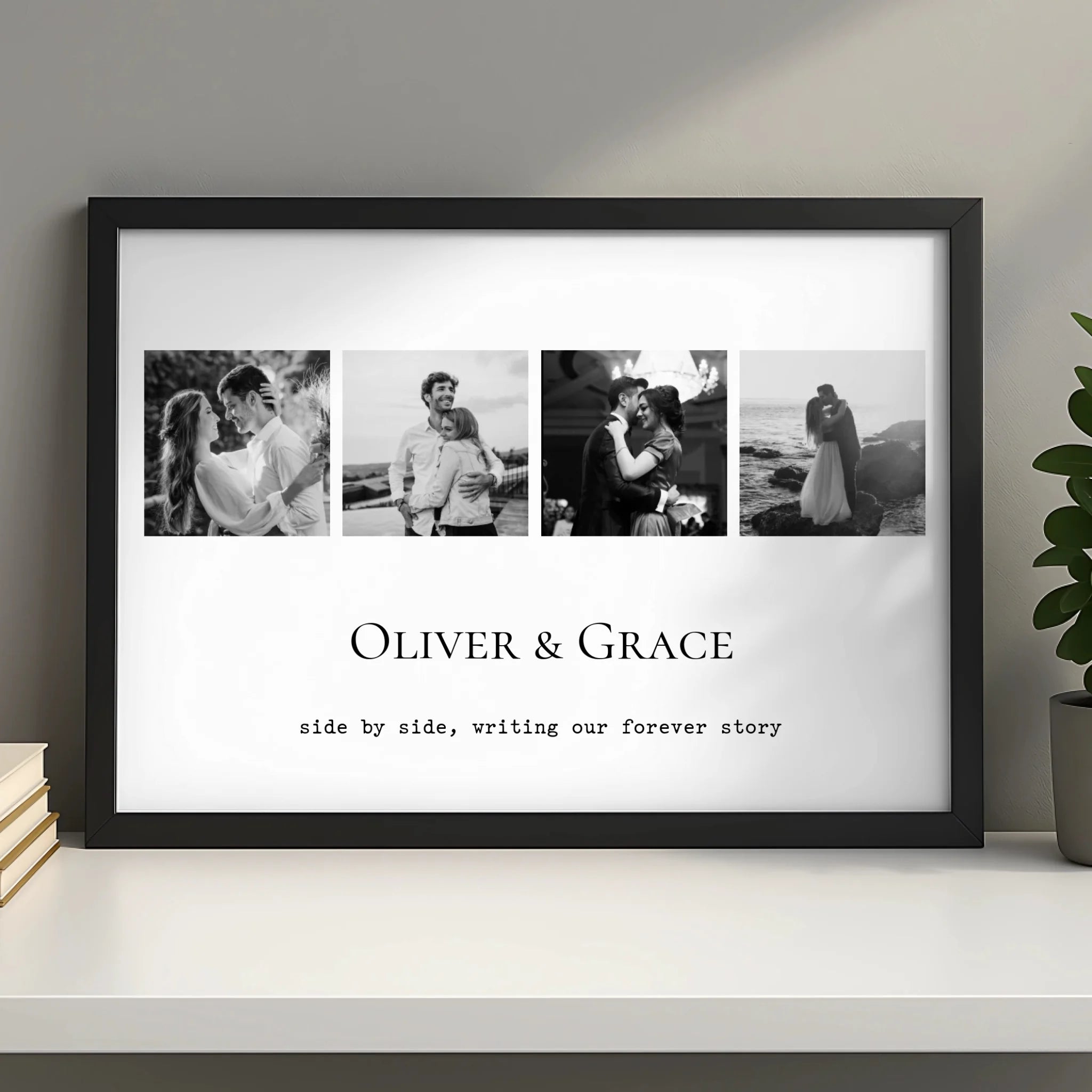 Black and white personalised photo collage print with couple photos and custom quote
