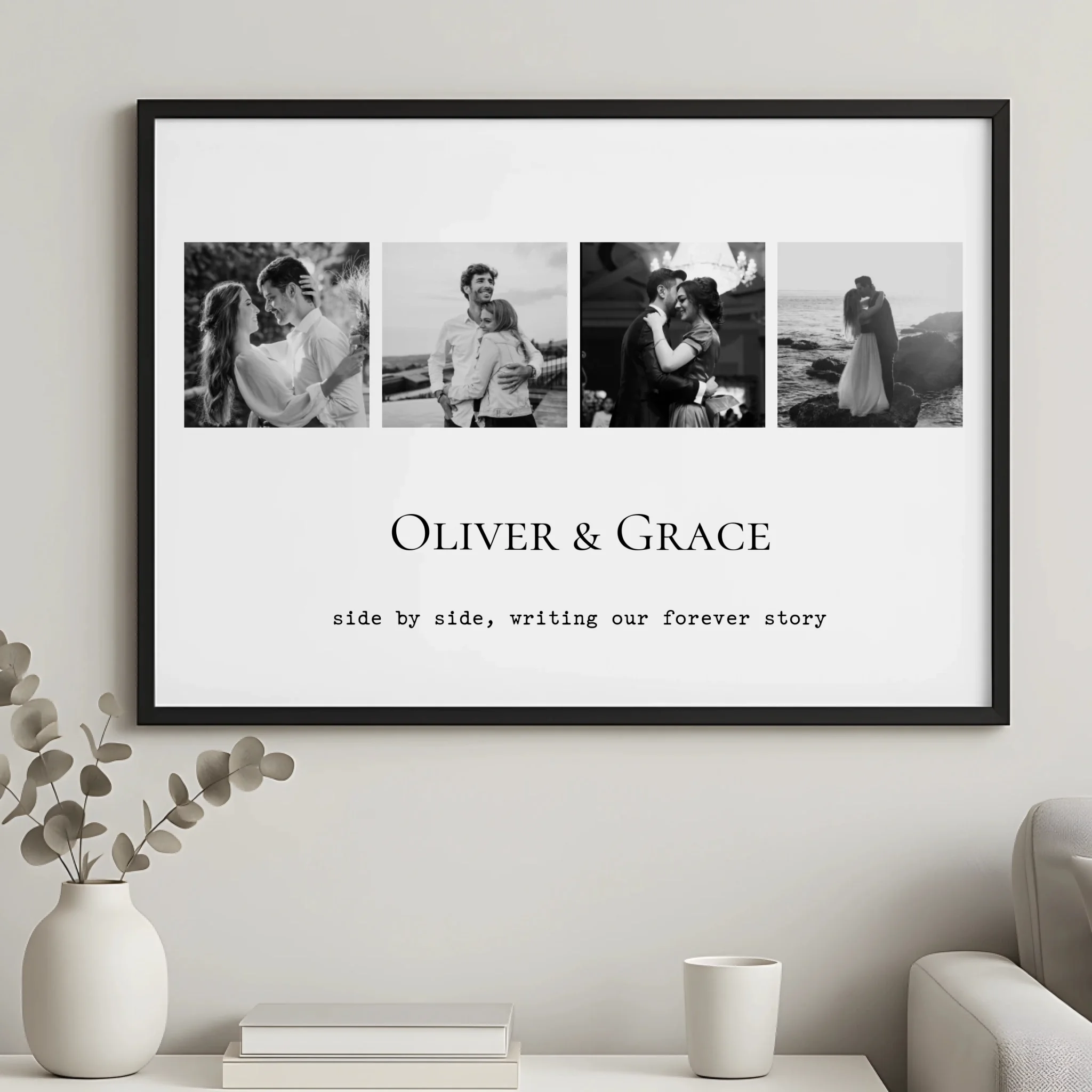 Personalised photo frame gift showing four custom photos in black and white layout