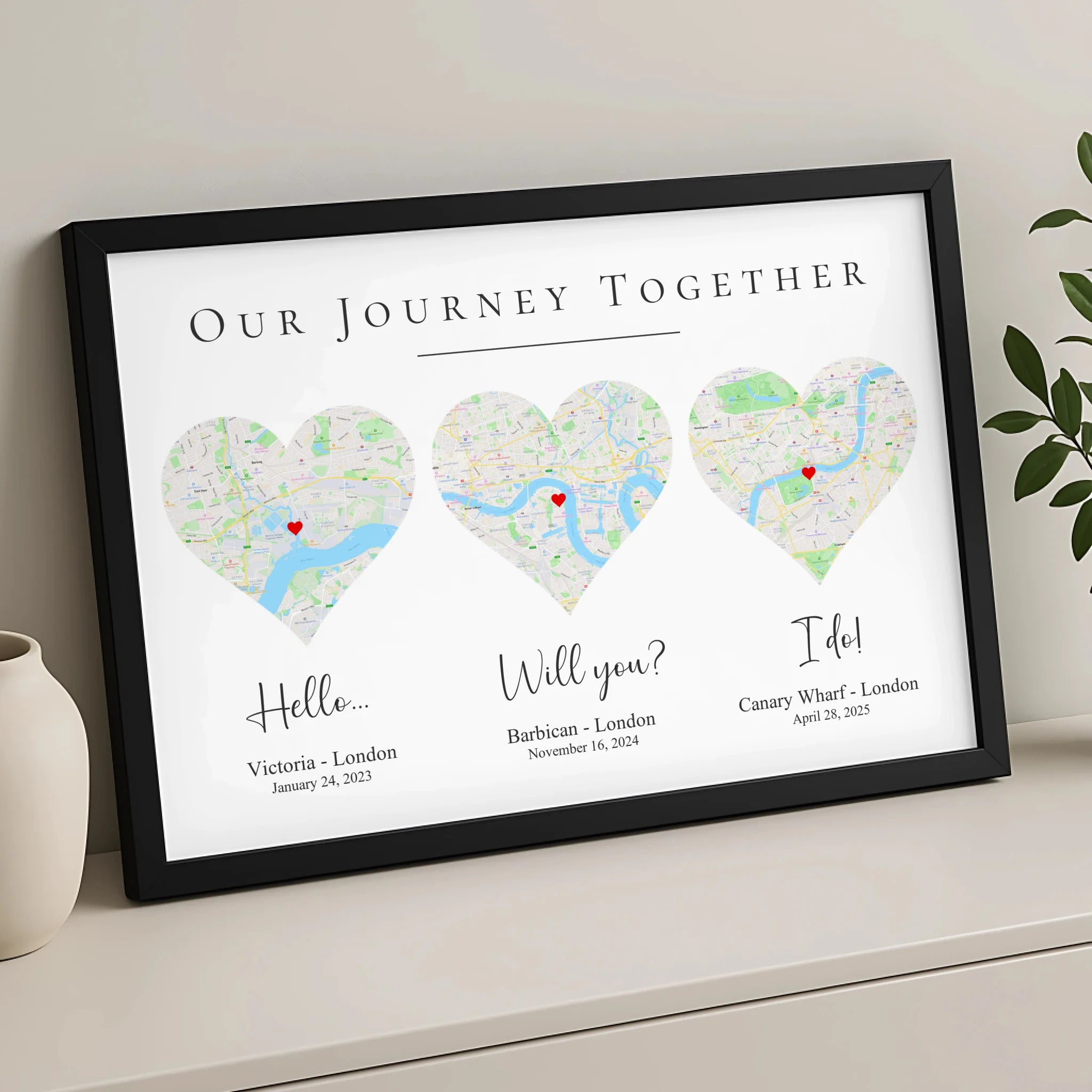 Close-up of personalised map frame with custom coordinates and date text