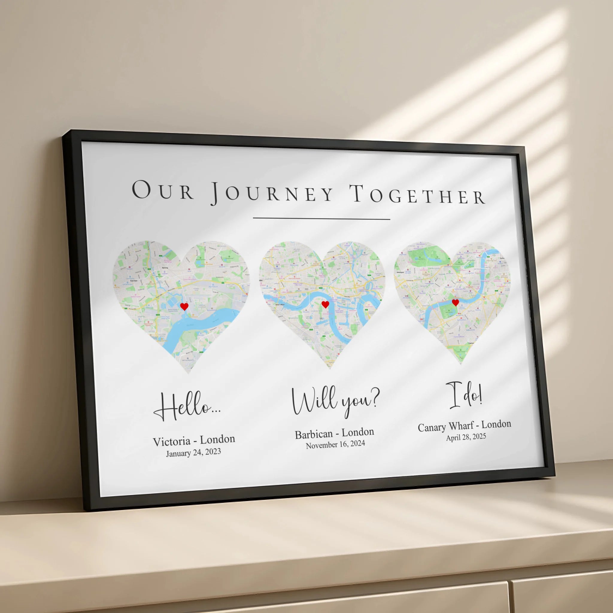 Our Story framed map print with three maps displayed on a wall