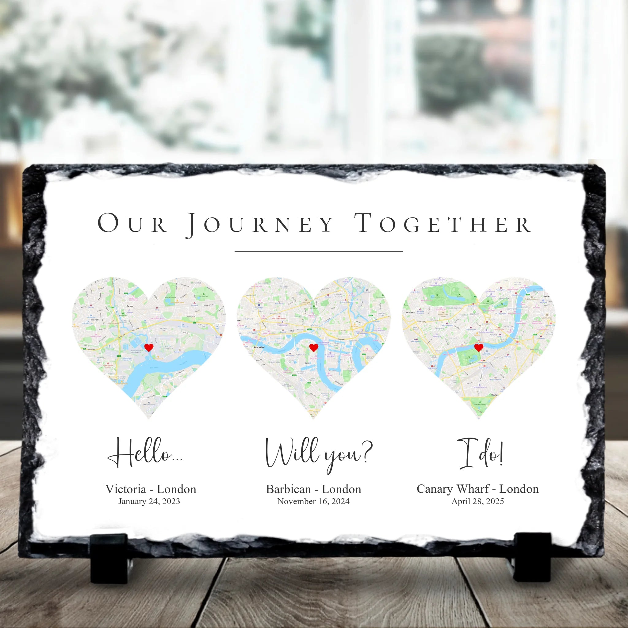 Custom map photo slate gift displaying two locations and a special date, suitable for engagement or anniversary