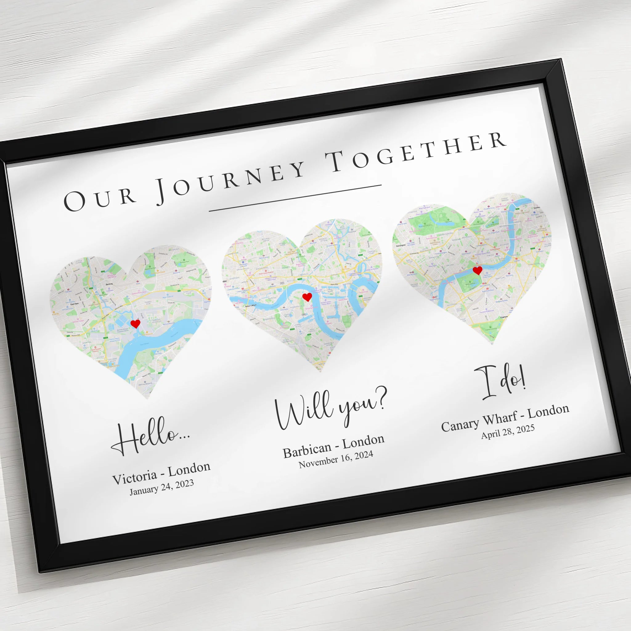 Personalised anniversary map frame with three custom maps and printed dates