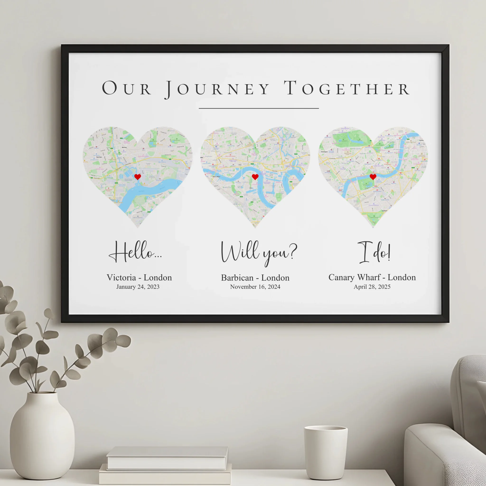 Our Story personalised map print gift for couples in a dark frame