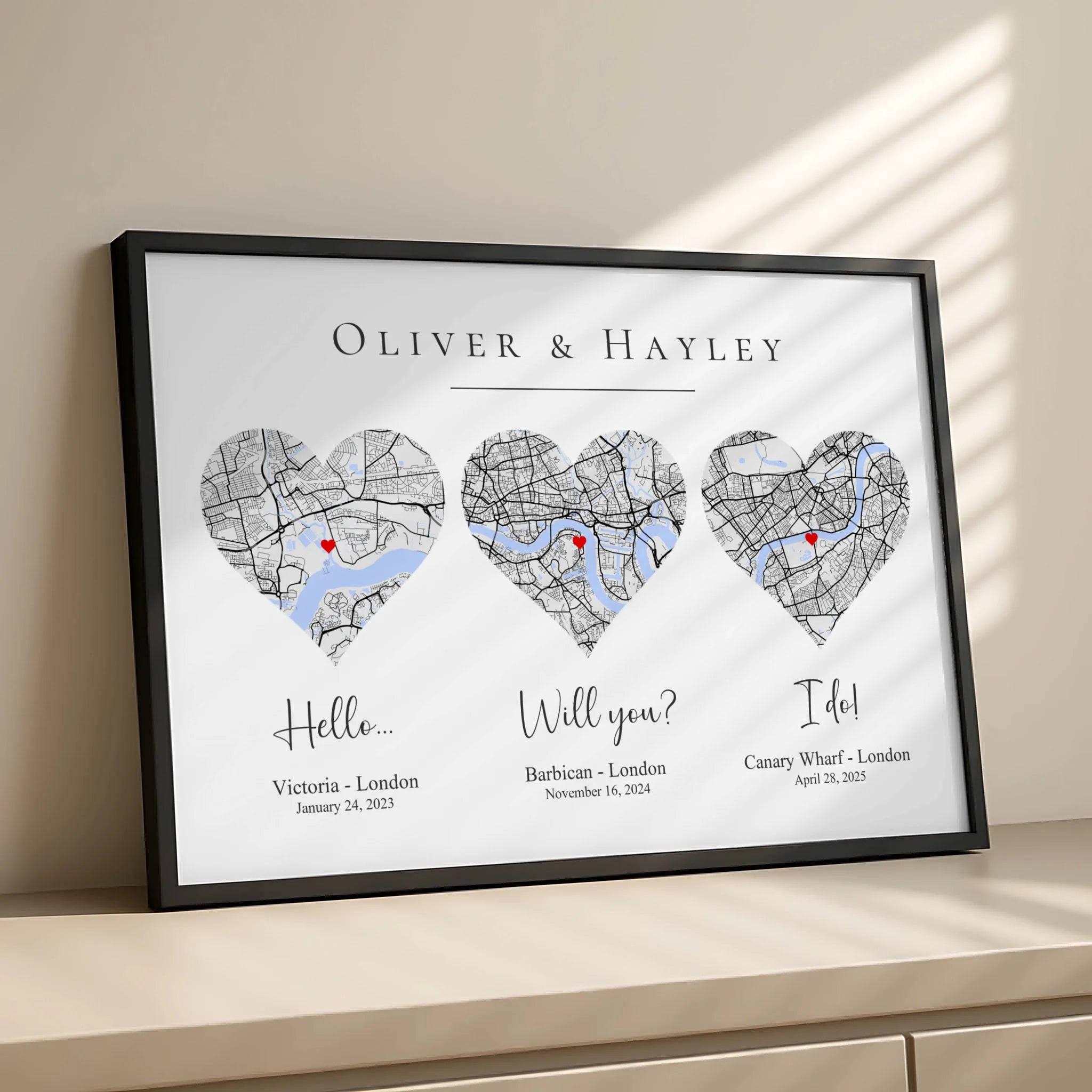 Personalised map print with coordinates and timeline, engagement gift idea