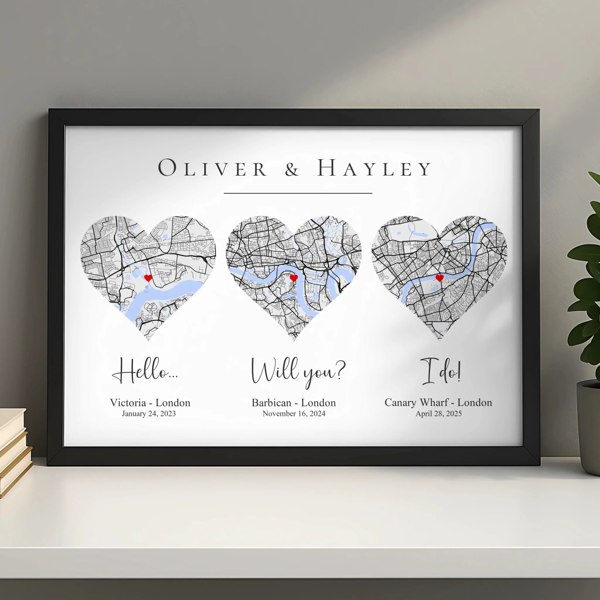 Personalised map wall art print with heart overlay and location coordinates