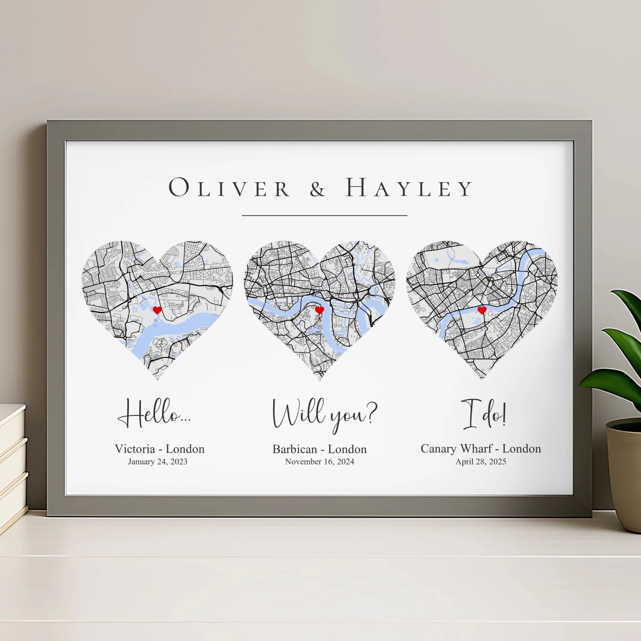 Personalised couple map print in grey frame with custom dates and location