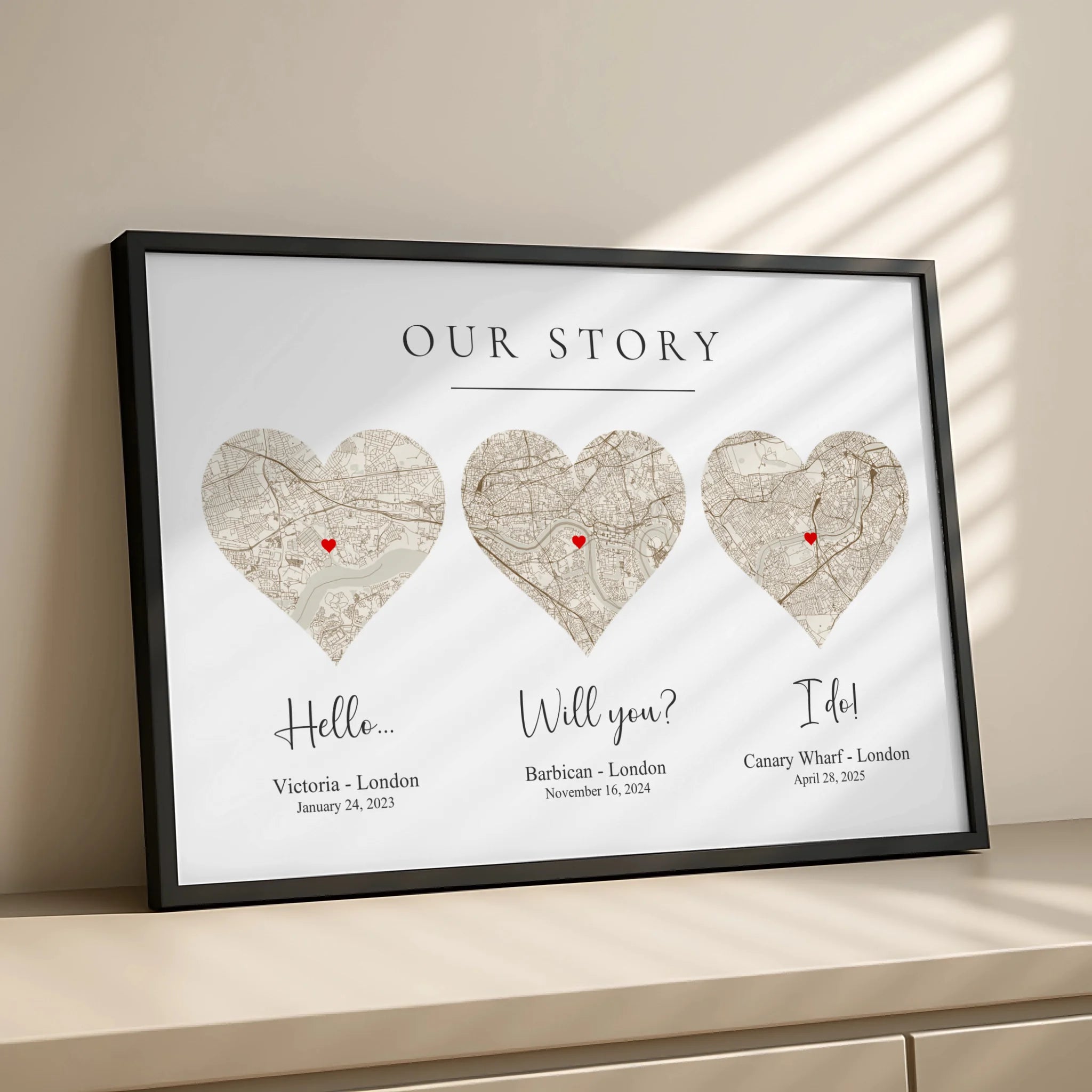 Our Love Story map print displayed on a wall showing three location maps and coordinates