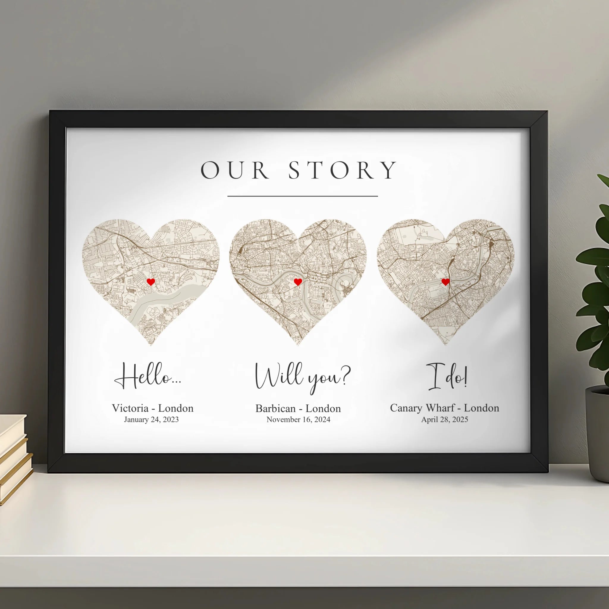 Custom love story map print with dates and place names as a proposal or engagement gift
