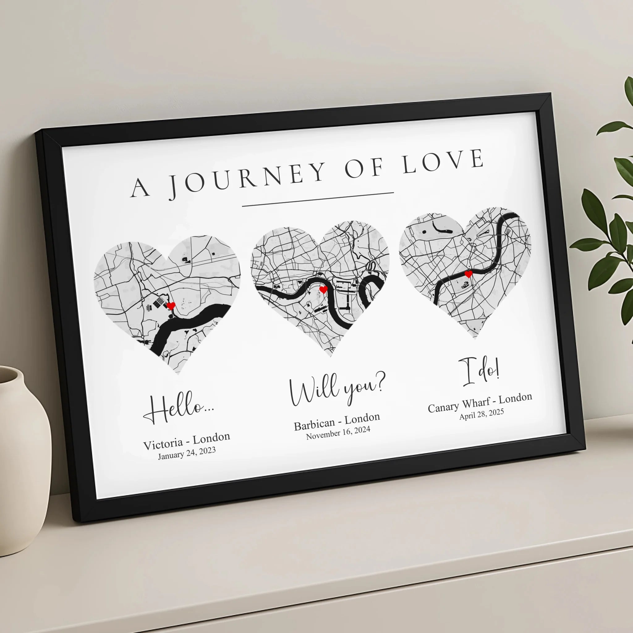 Custom map wall art print showing a couple's special location with personalised text
