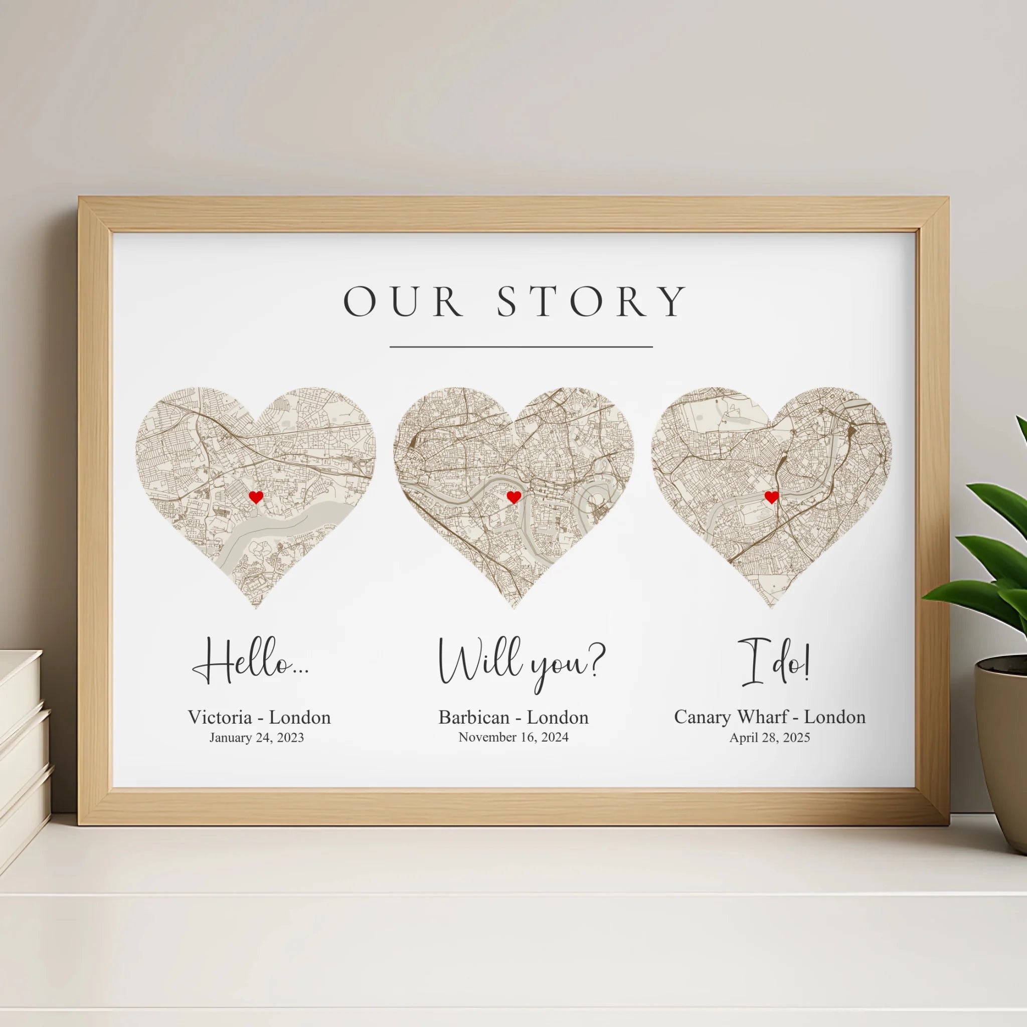 Our Love Story custom map print in white frame with personalised dates and coordinates