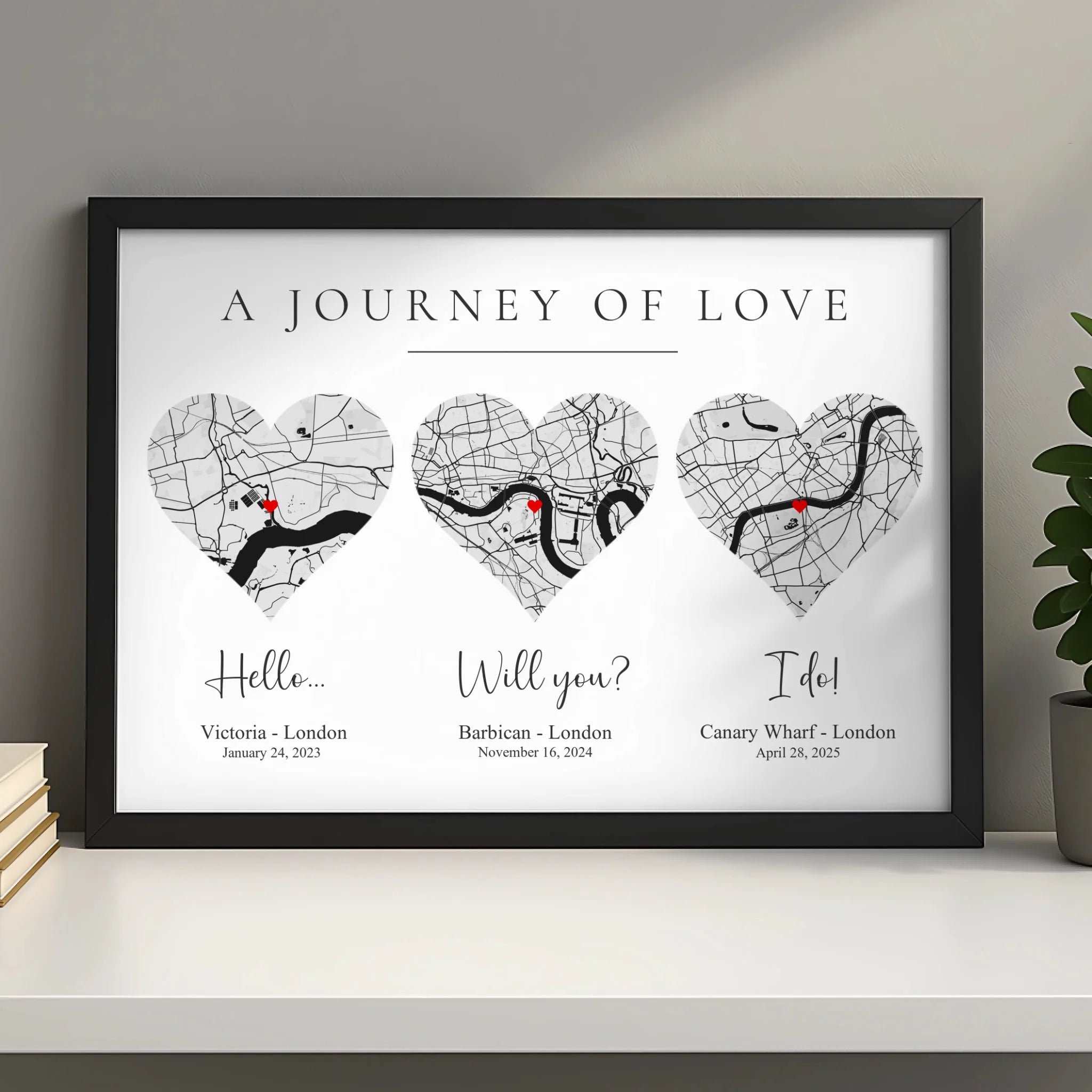 Personalised map print gift for a wedding or engagement with heart design