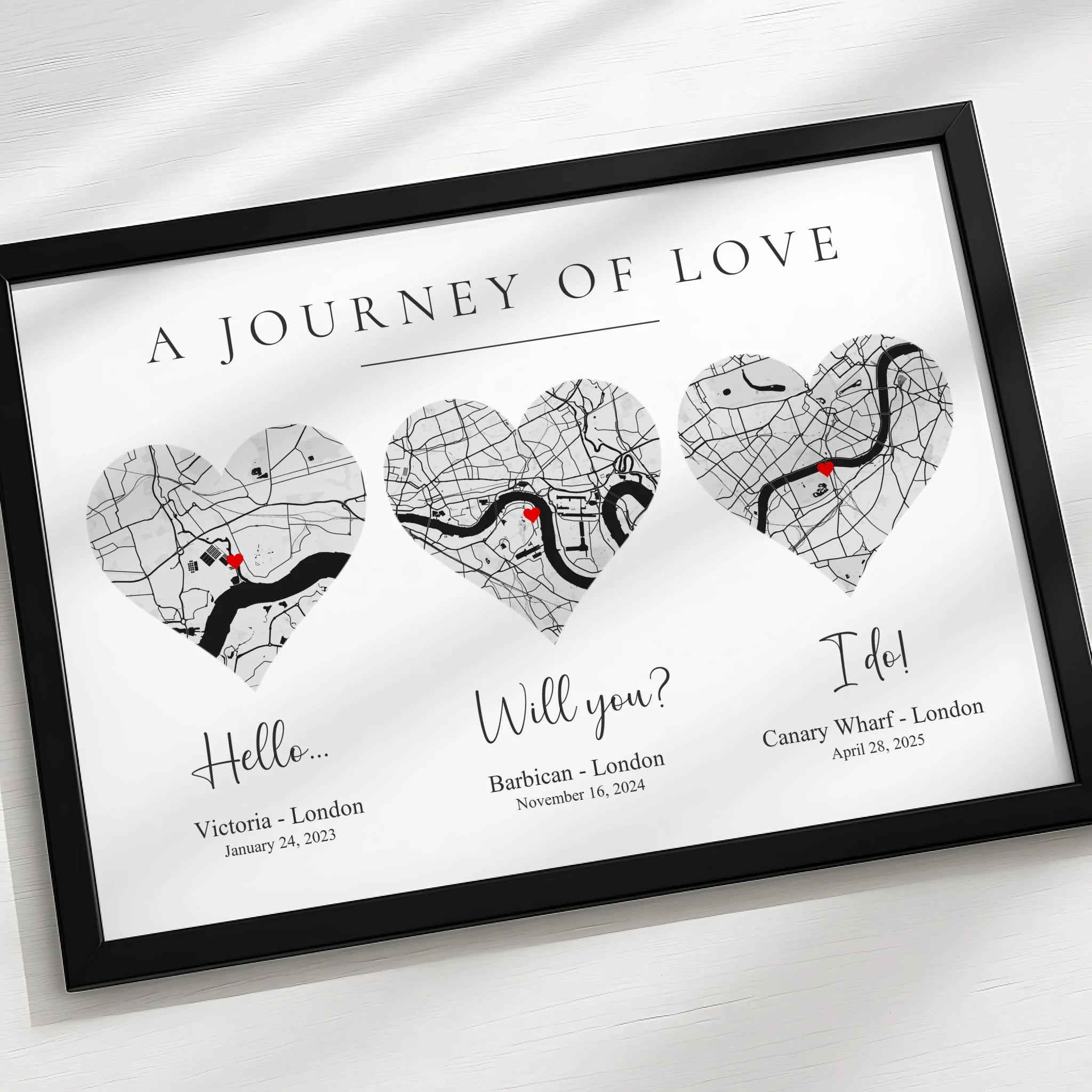 Custom wall art map print with couple's dates and coordinates, shown framed