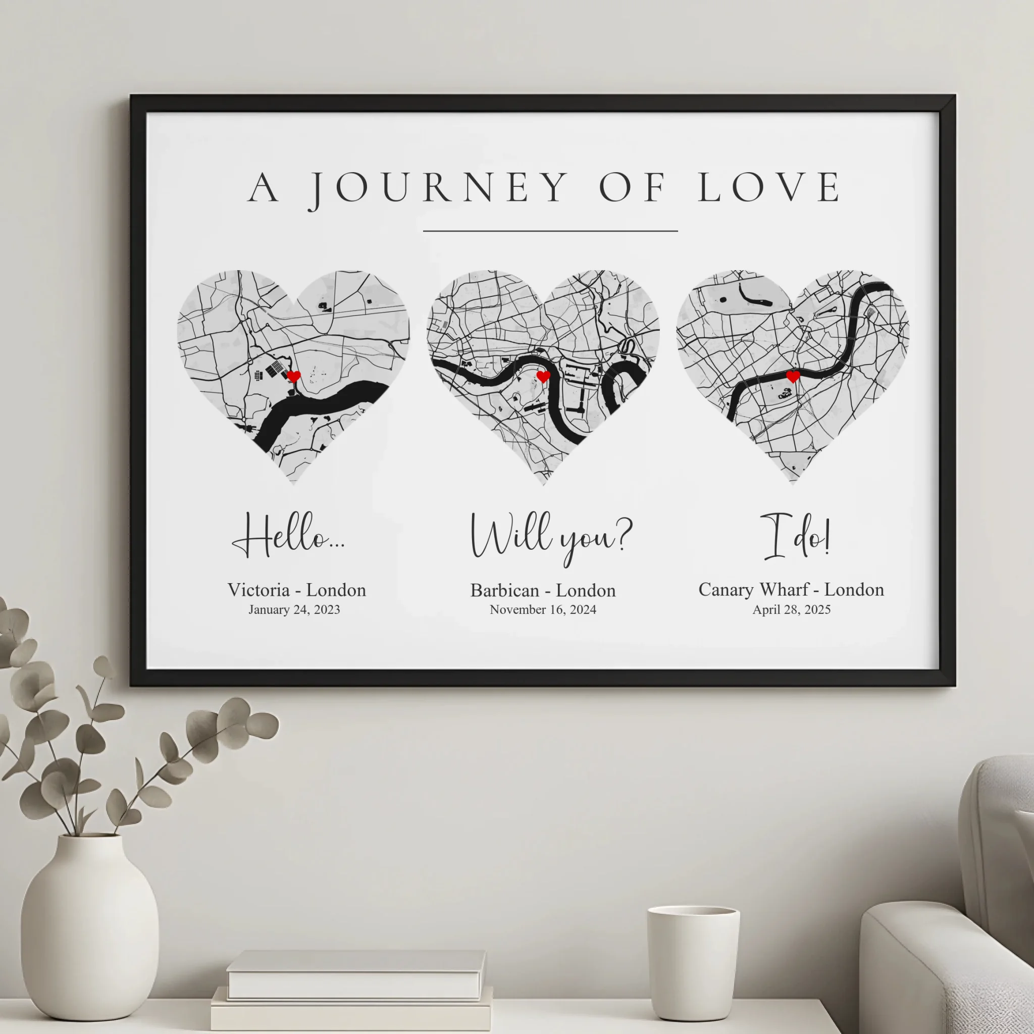 Personalised couple location print with timeline dates displayed on a wall