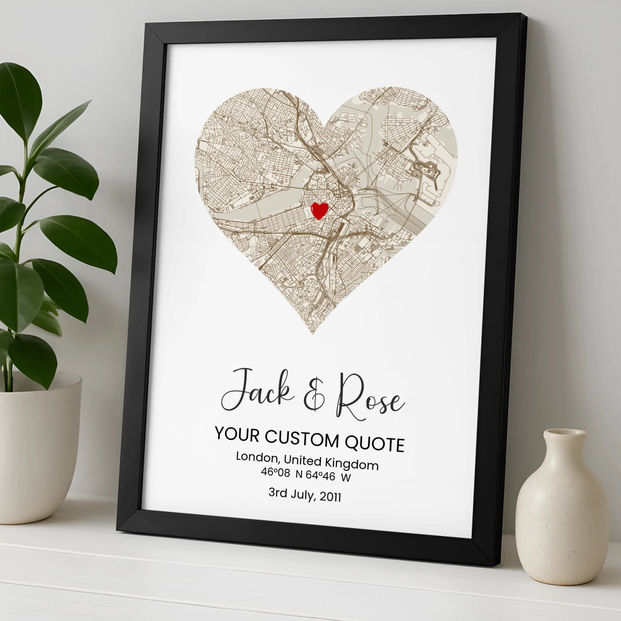 Custom photo slate showing two locations in a heart map design