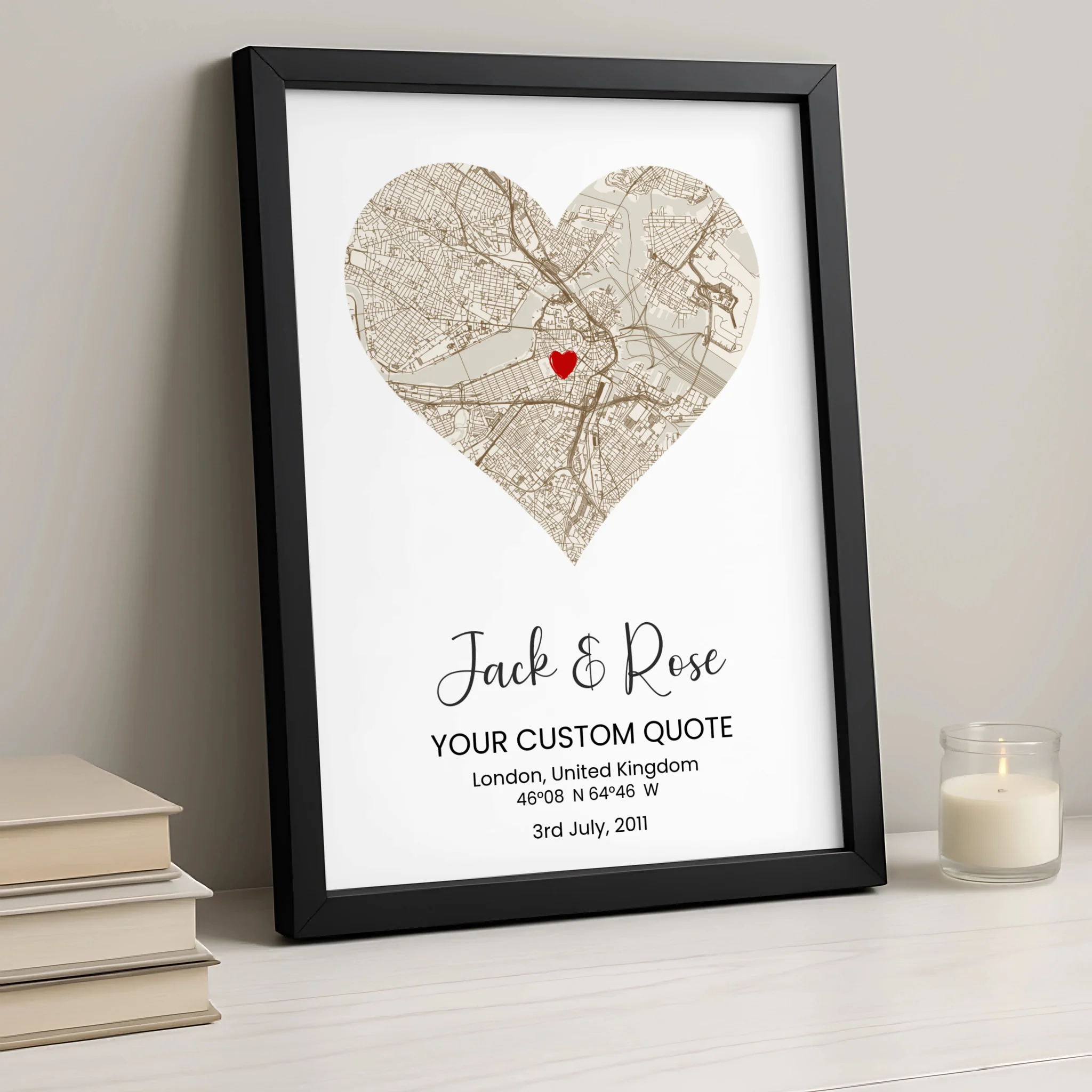 Close-up of a personalised couple heart map print on photo slate