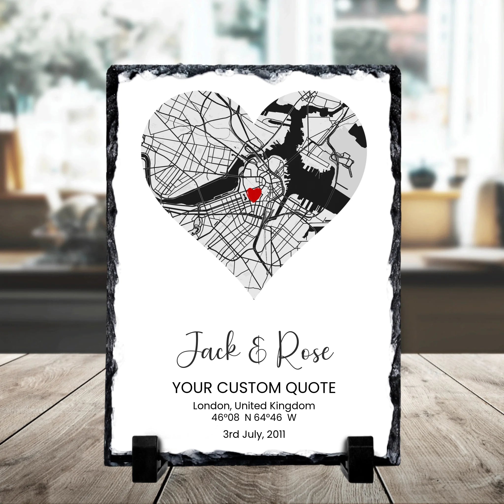 Custom photo slate gift showing heart map design, suitable for weddings and anniversaries
