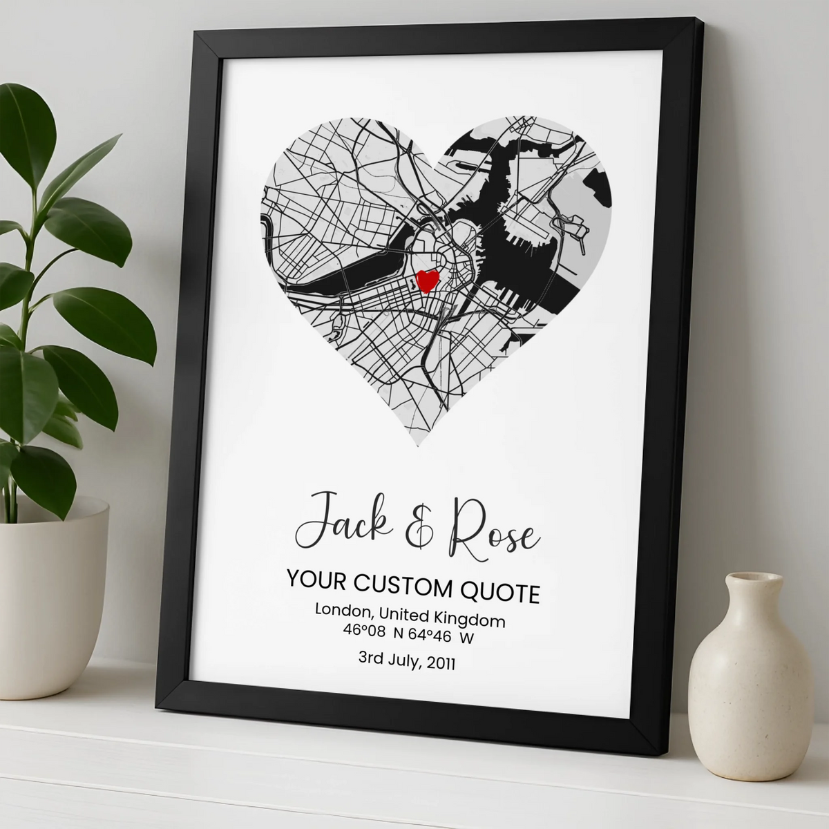 Custom Heart Map Print – Personalised Couple Gift, Engagement, Wedding or Anniversary Wall Art, Coordinates & Quote Option