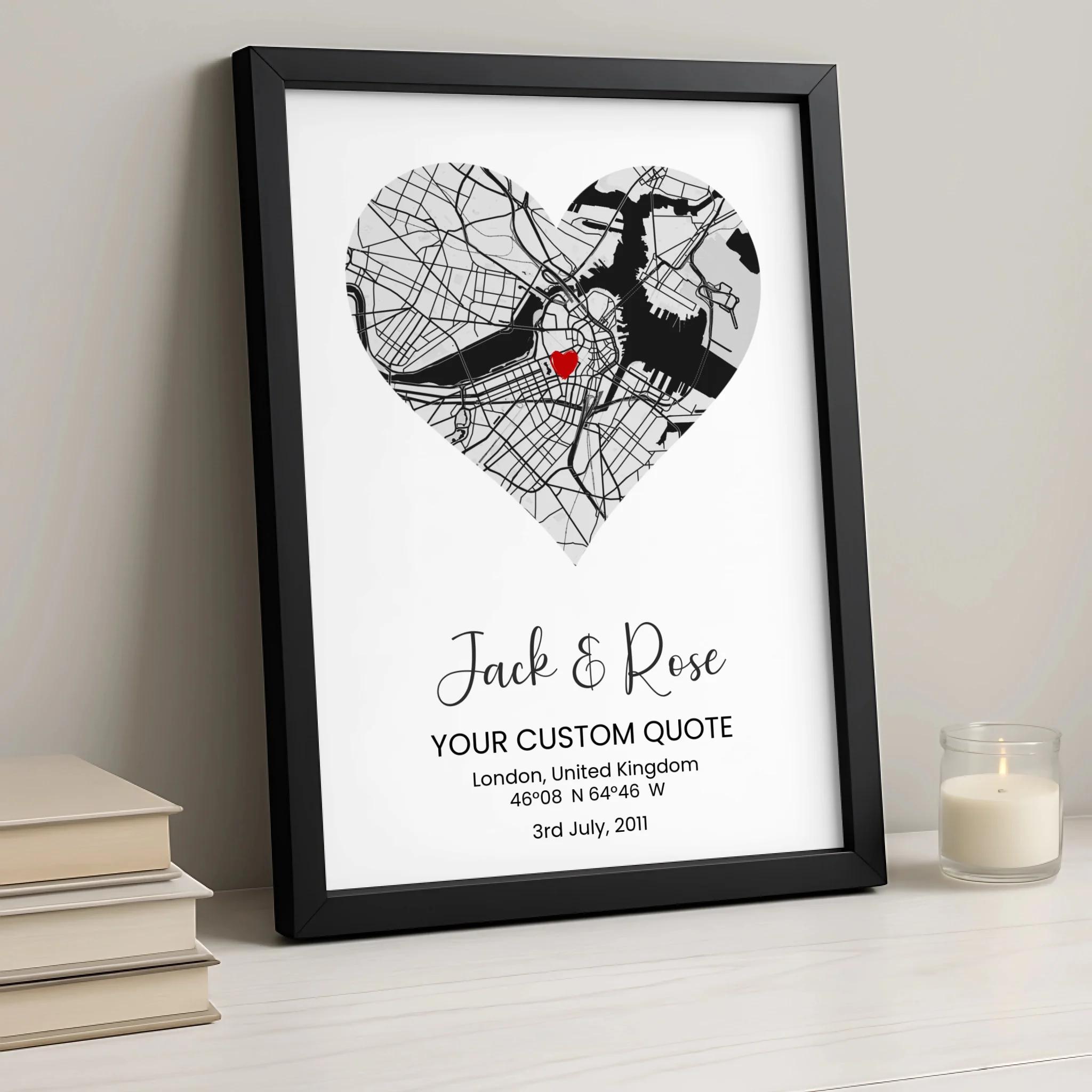 Custom Heart Map Print – Personalised Couple Gift, Engagement, Wedding or Anniversary Wall Art, Coordinates & Quote Option