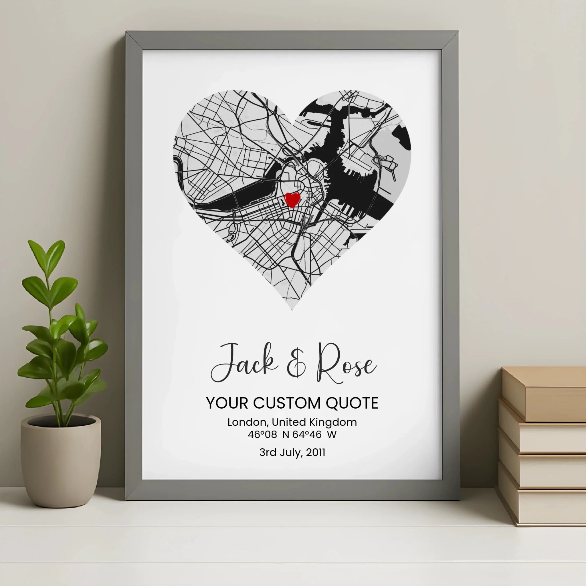Heart map print shown in a grey frame option