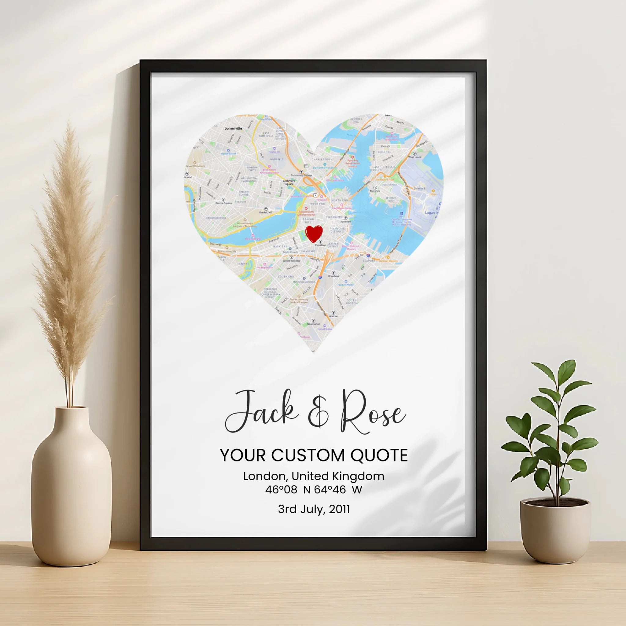 Close-up of a personalised heart map print showing location detail and text