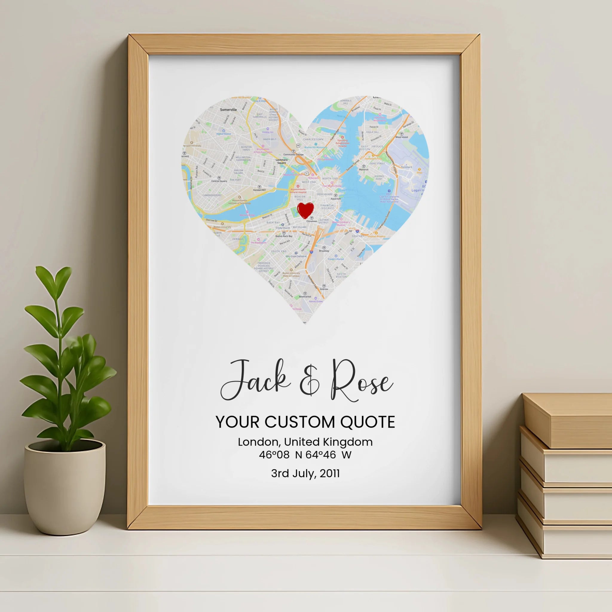 Custom street map wall art in an oak frame option