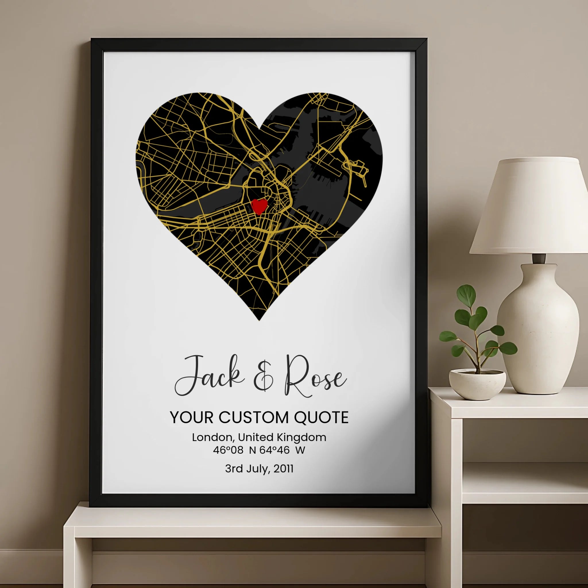Personalised couple artwork displayed in a custom heart map photo frame
