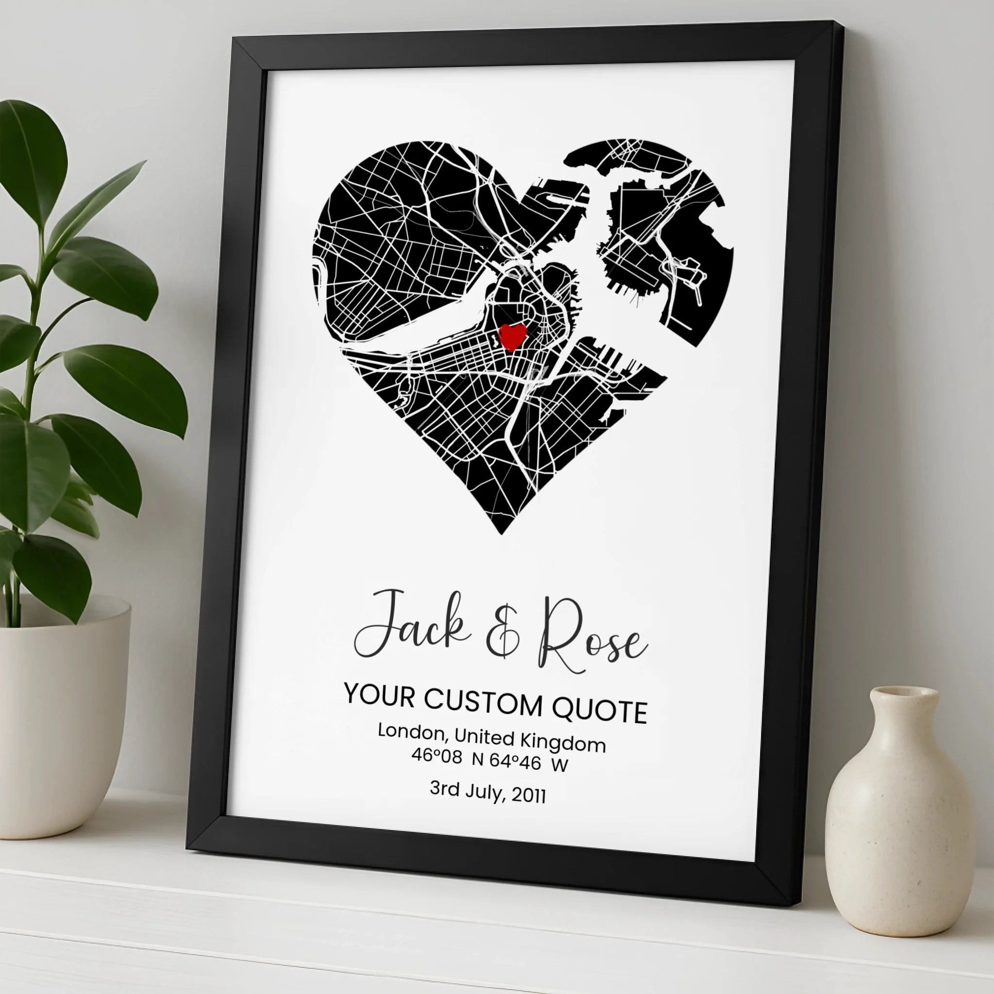 Close-up of a personalised heart map print showing location name and coordinates