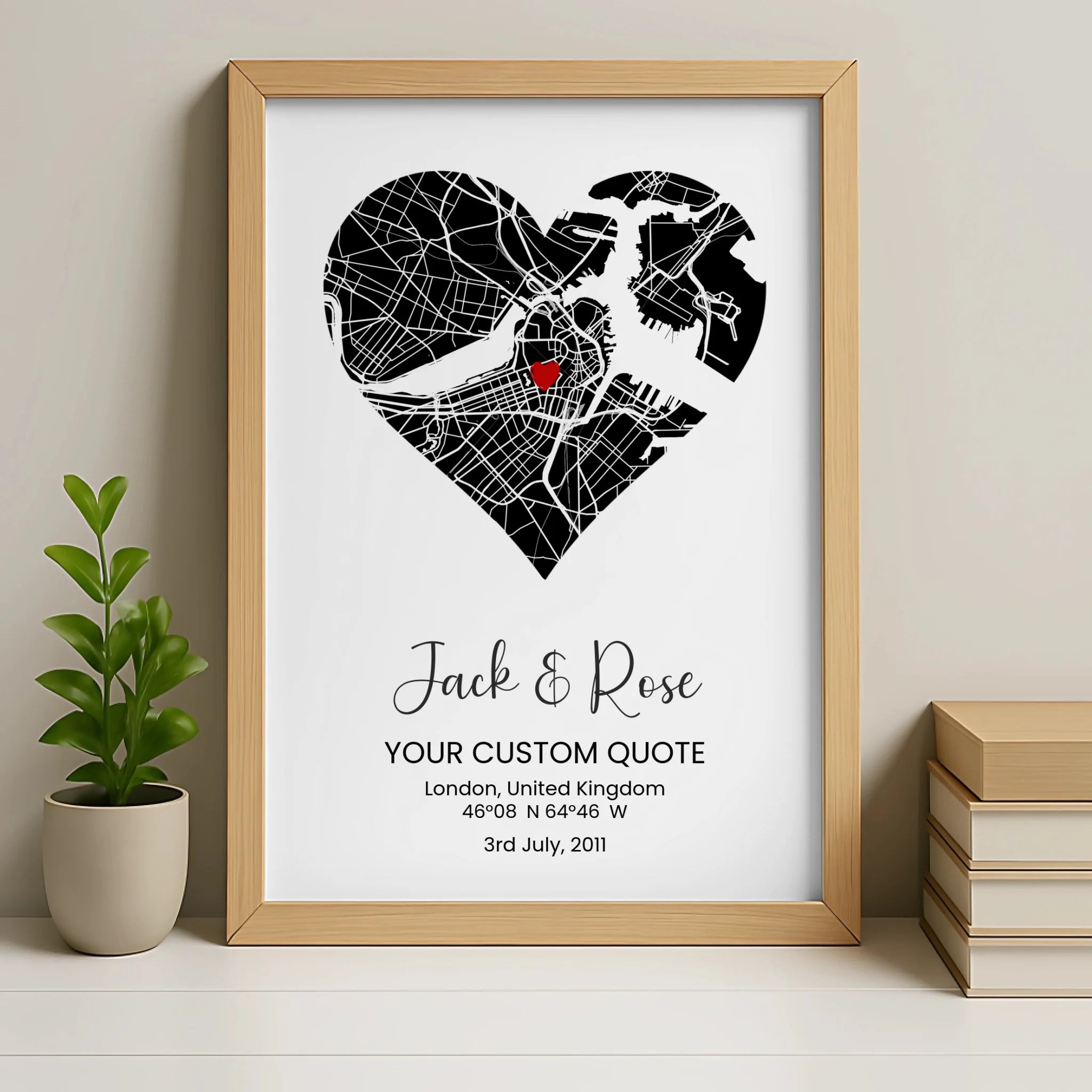Oak photo frame option for the personalised heart map poster