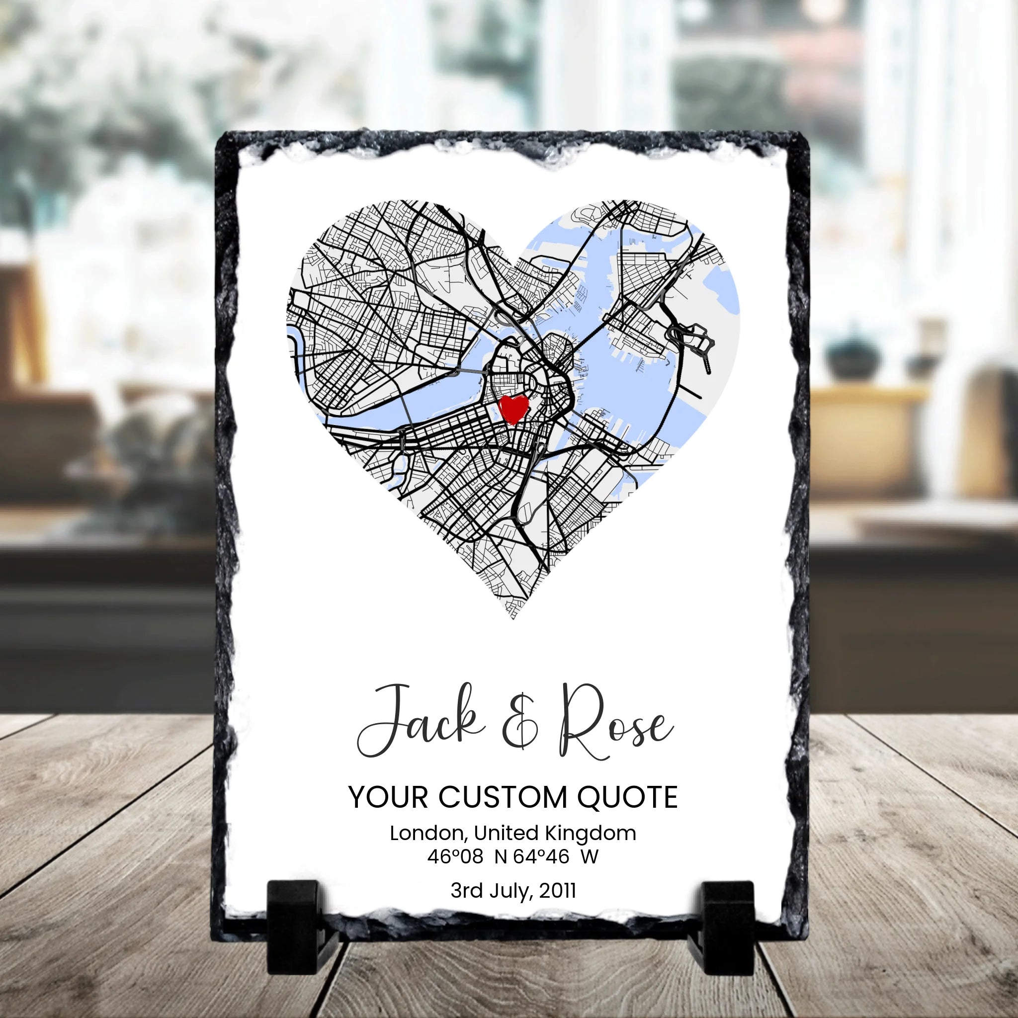 Custom location photo slate gift showing heart map print with personalised names and date on dark slate tile