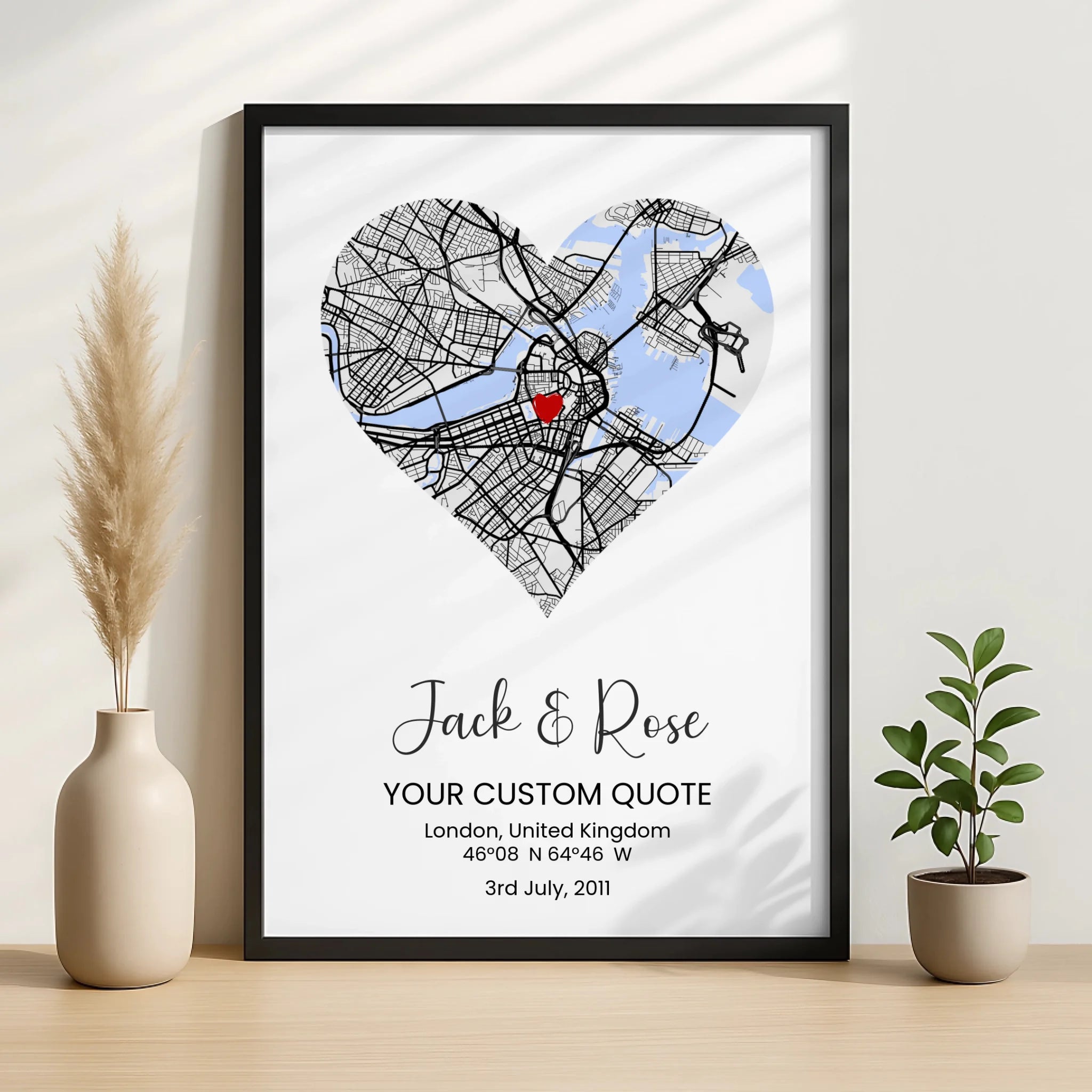 Close-up of a personalised heart map print with custom coordinates and name