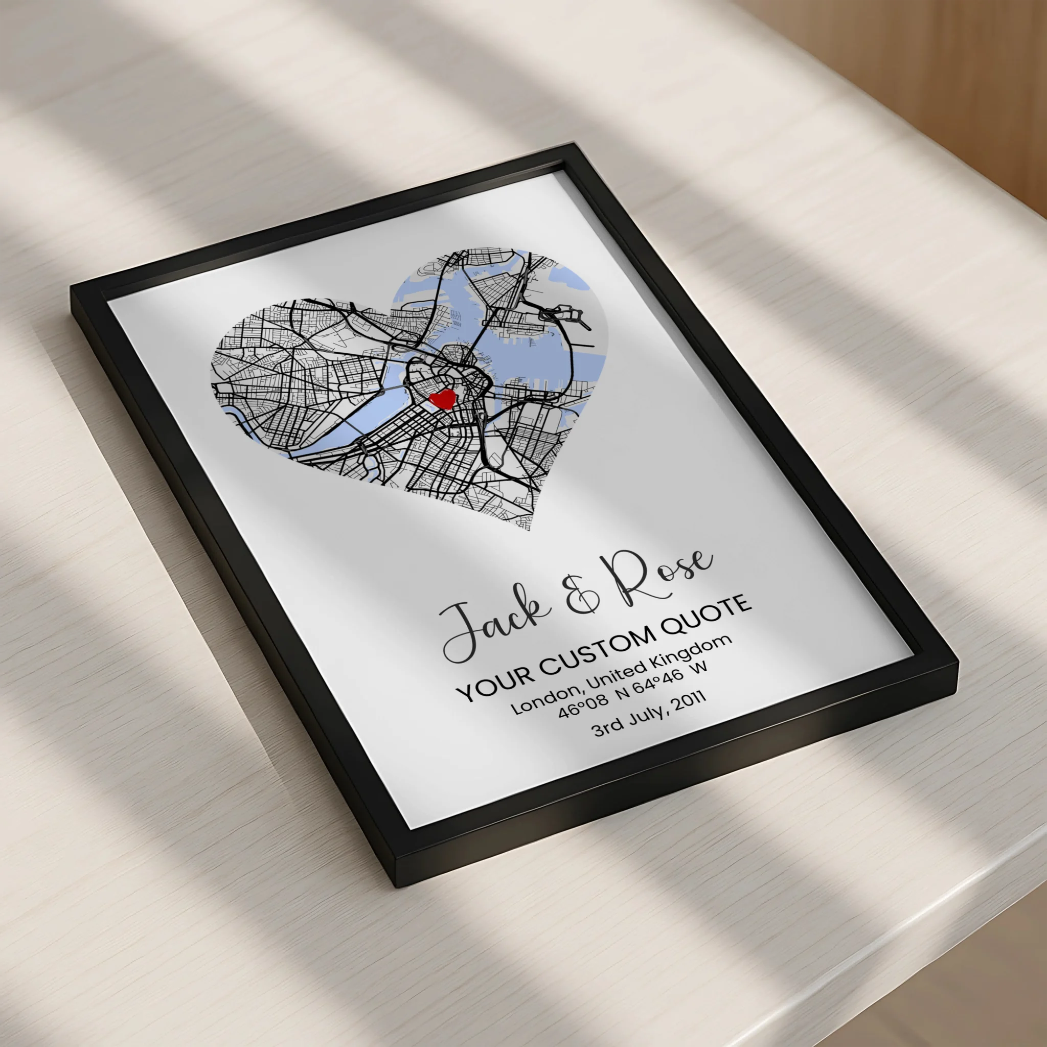 Heart map frame print as a personalised wedding or anniversary gift