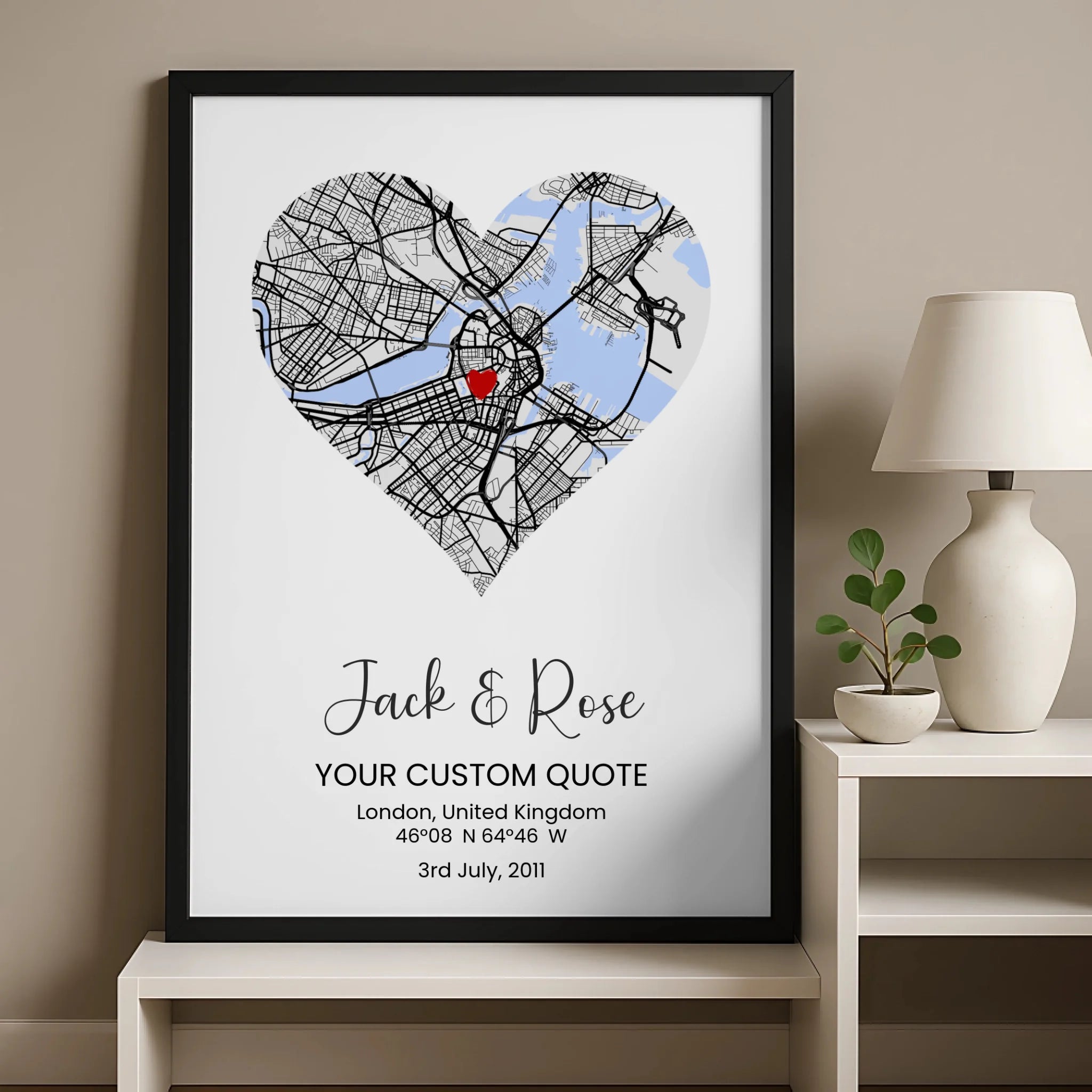 Custom couple gift heart map print with personalised location and quote