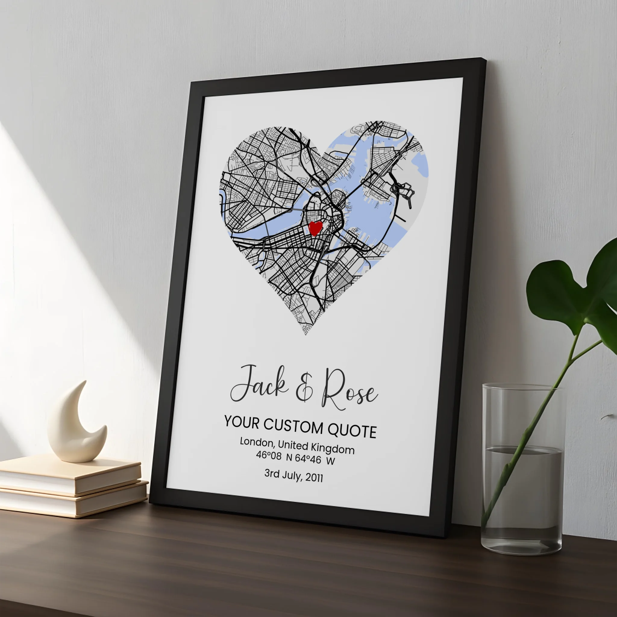 Heart map frame print showing a personalised place name and coordinates
