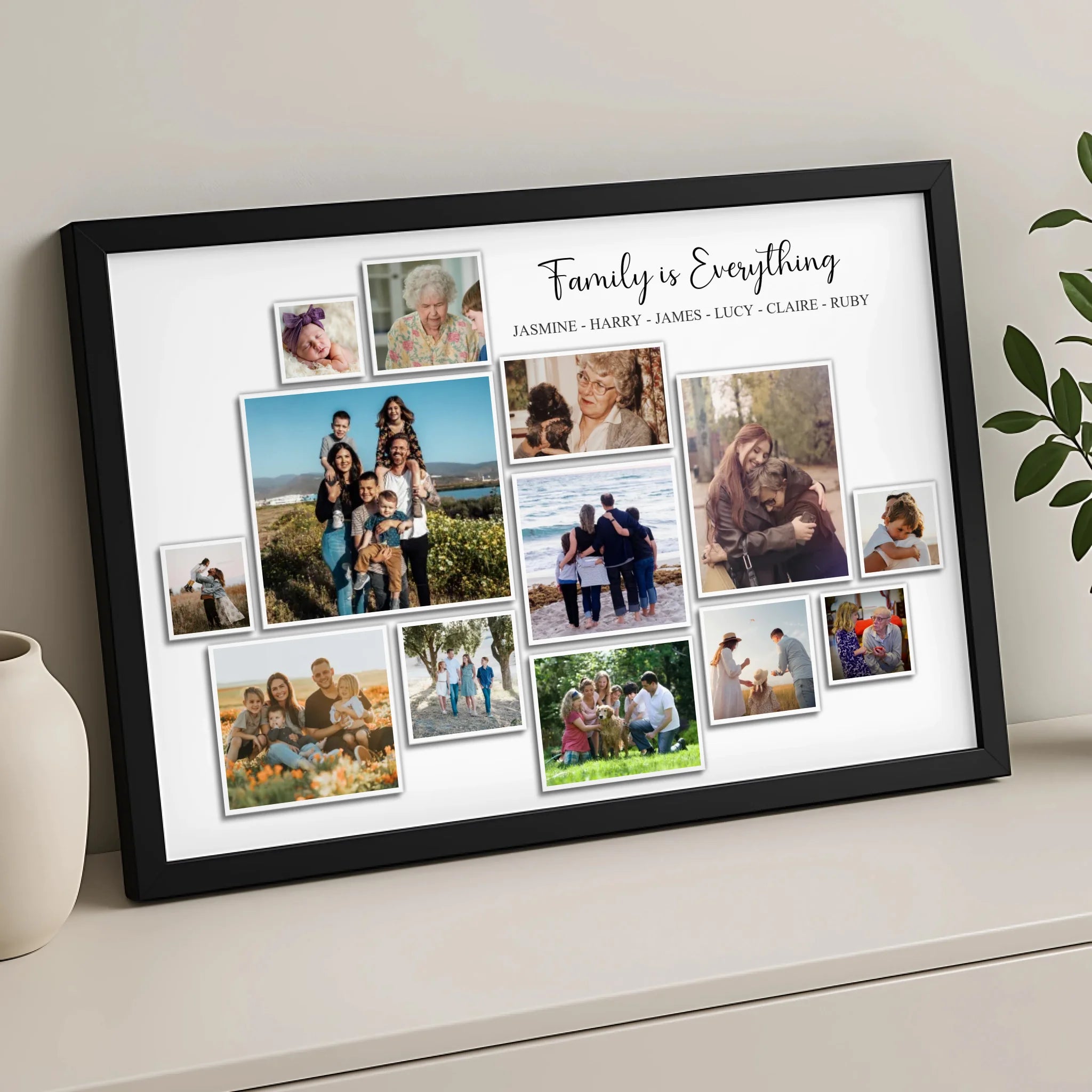 Custom photo frame showing a family collage print with three photo slots